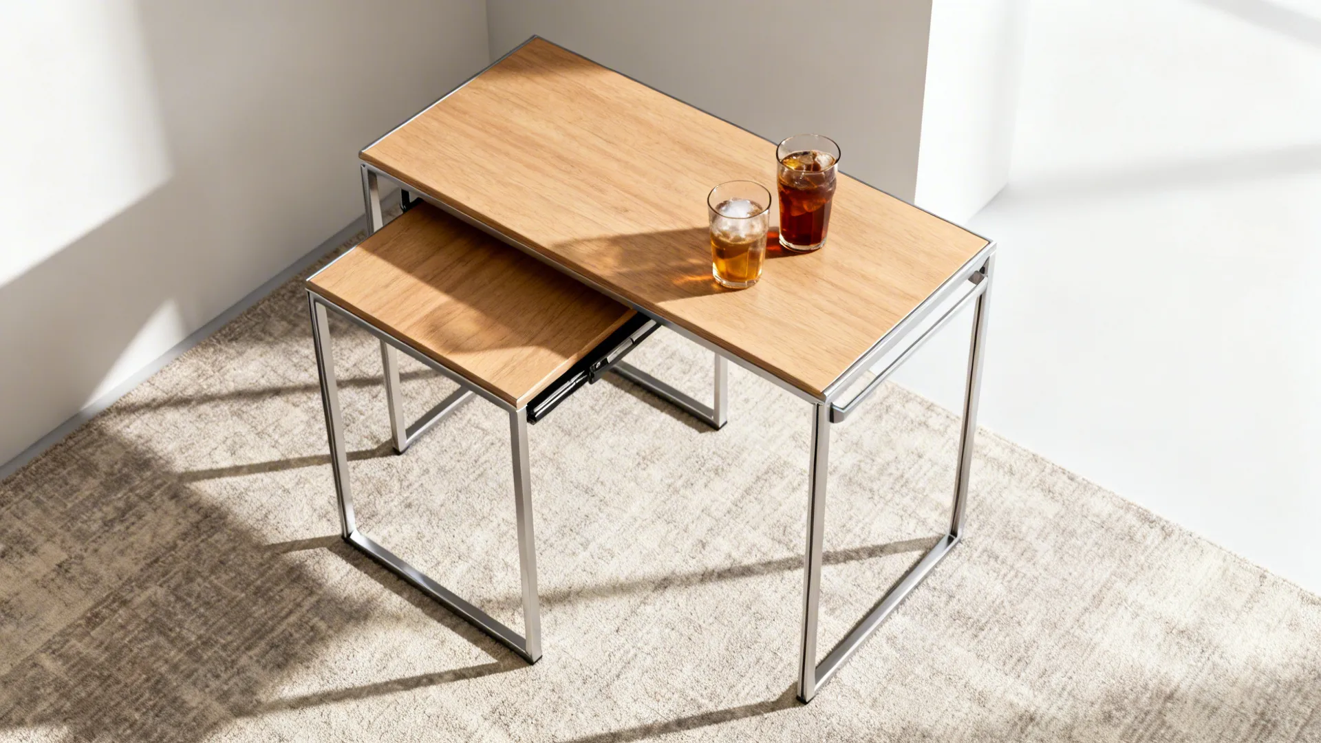 Top-down view of metal-frame nesting tables nested and one pulled out in a living room corner.