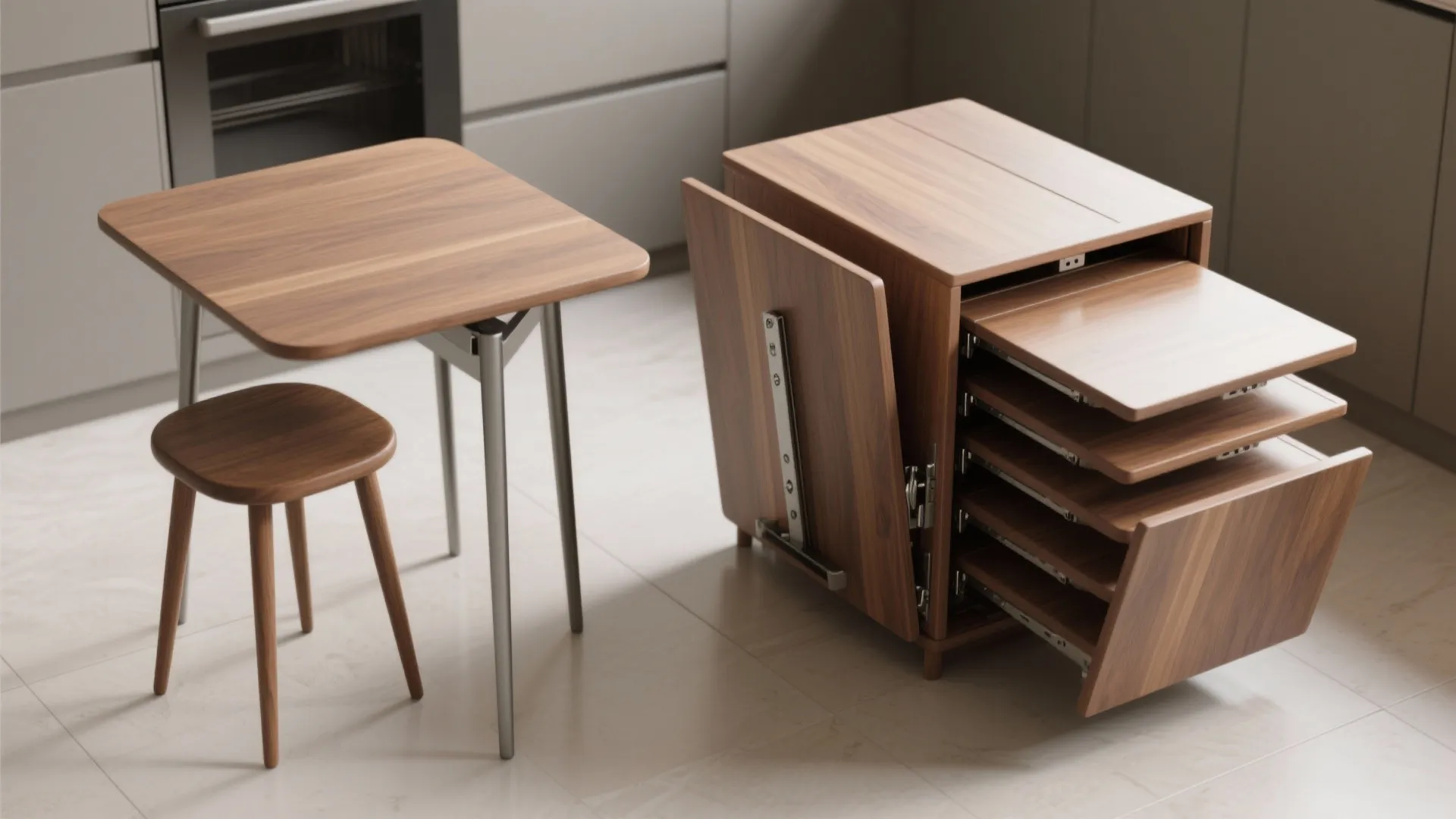 Top-down view of nesting tables and a drop-leaf table in compact and expanded configurations