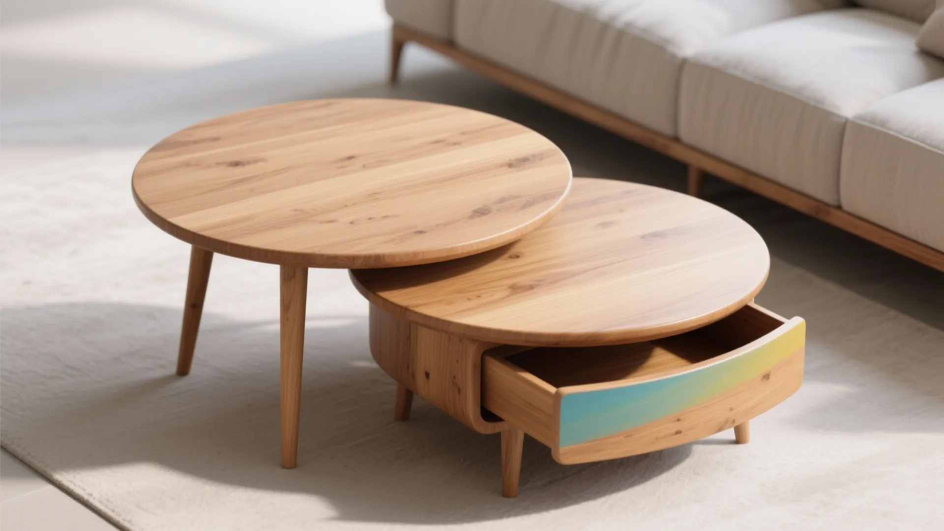 Two round wooden nesting end tables with an open drawer on a light colored rug