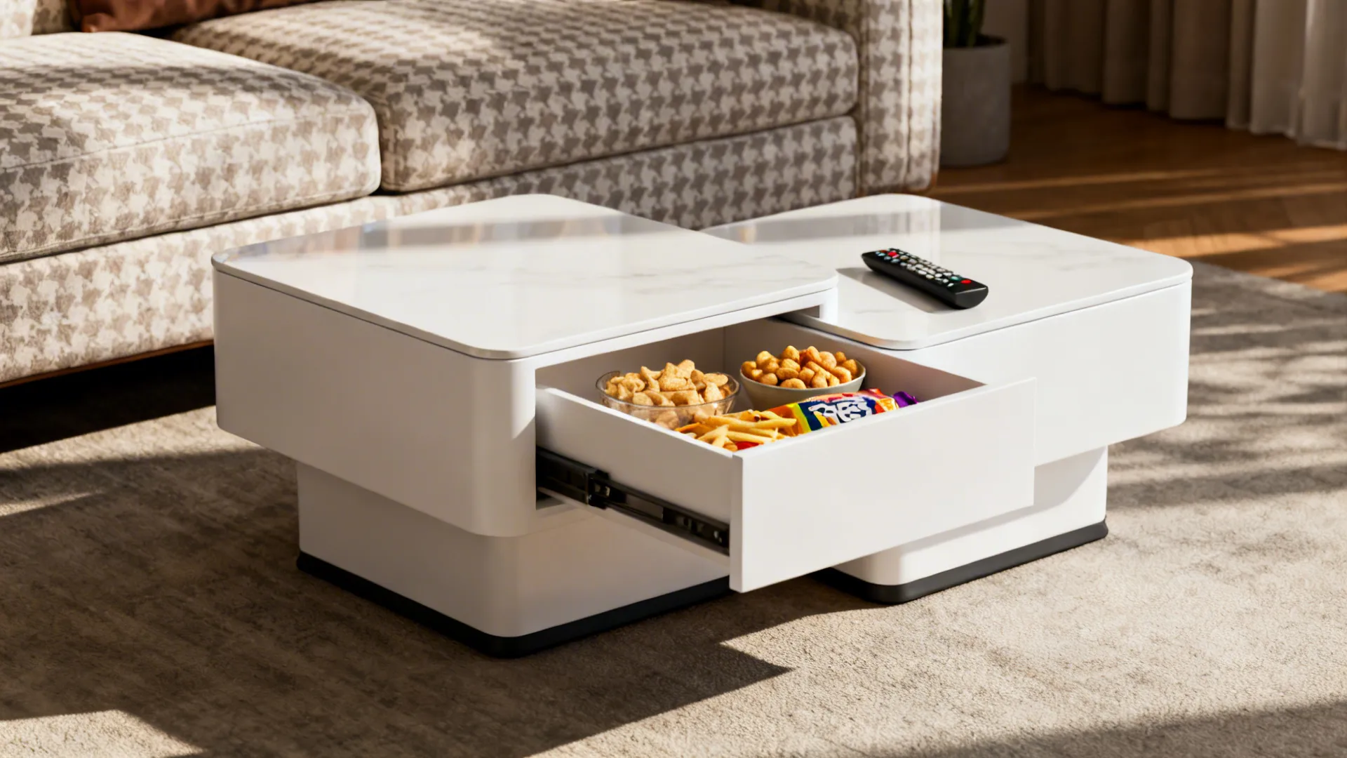 White nesting end tables, one extended, beside a patterned sofa with snacks and a remote