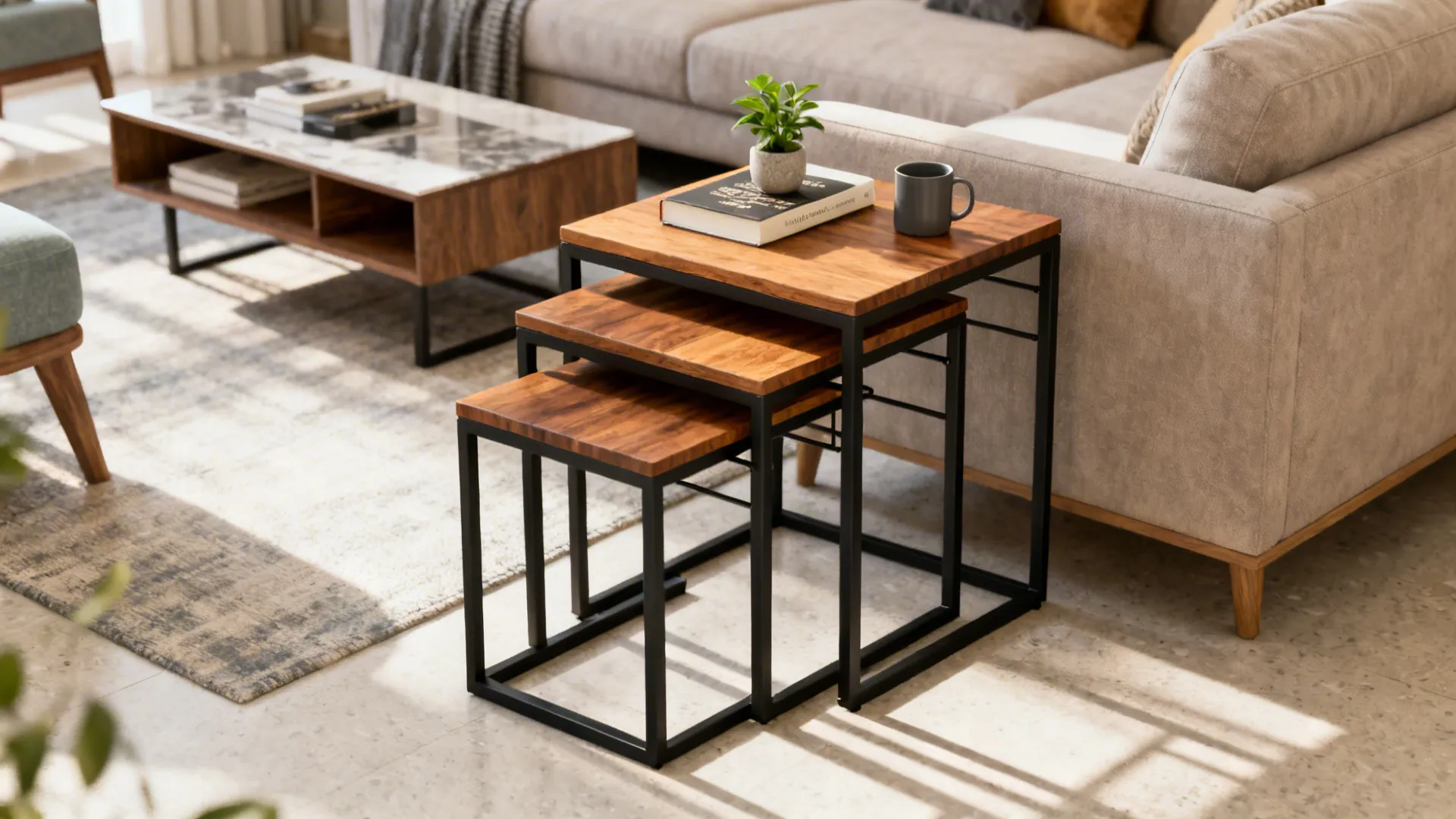 Nesting end tables pulled out beside a sofa showing layered heights and versatility