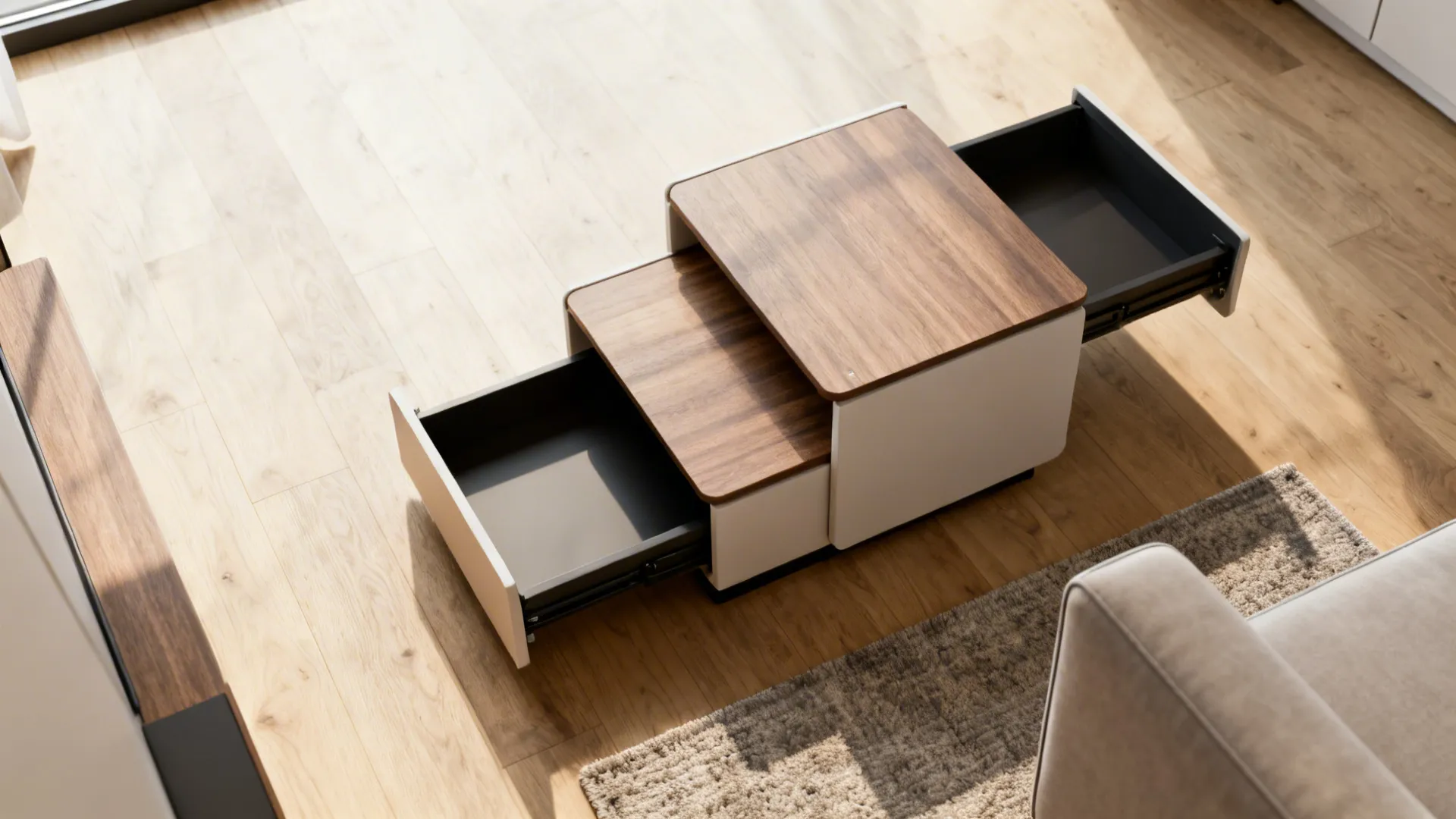 Top-down view of nesting end tables partially pulled out next to a sofa in a small living area
