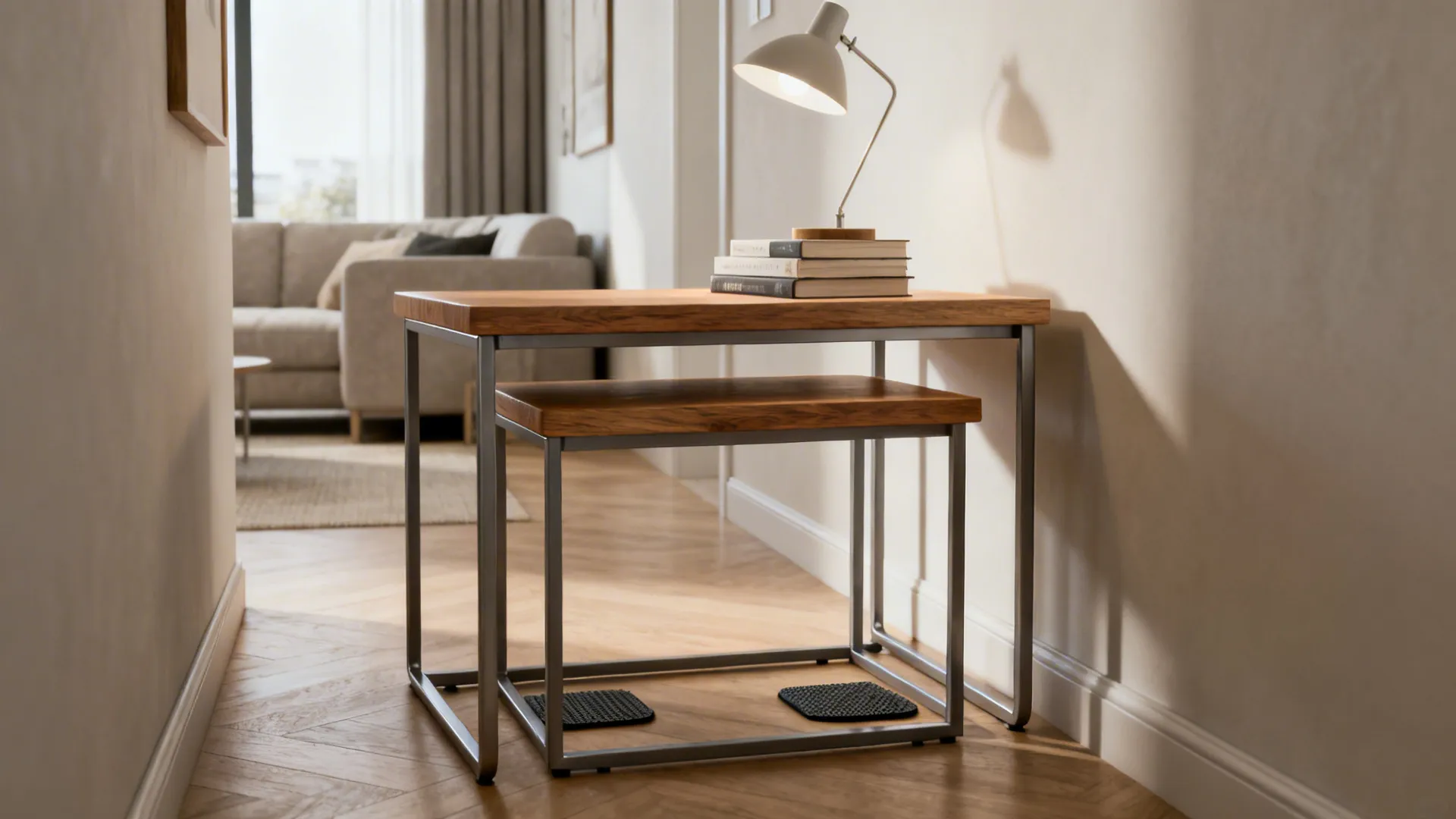 Wooden nesting tables with metal frames featuring a white desk lamp and books near a sofa
