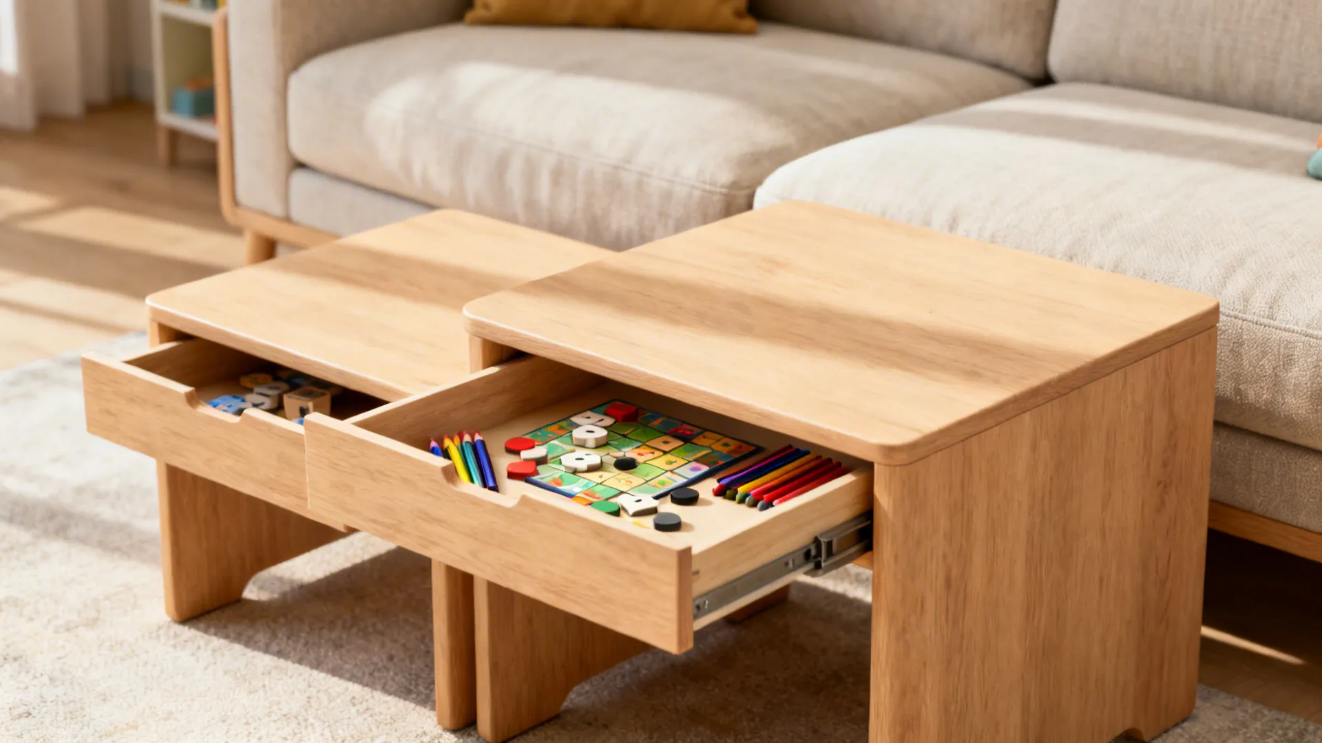 Nesting end tables with the larger unit’s drawer open showing board game pieces near a sofa.