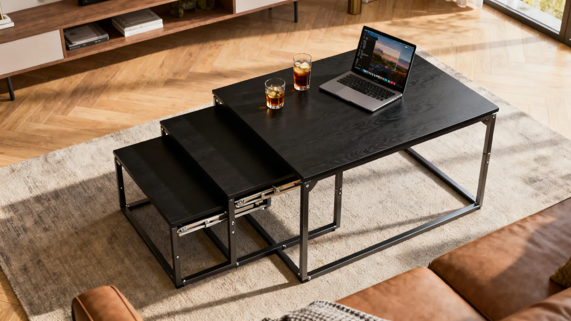 Nesting black end tables partially pulled out to show flexible layout and sturdy joinery.