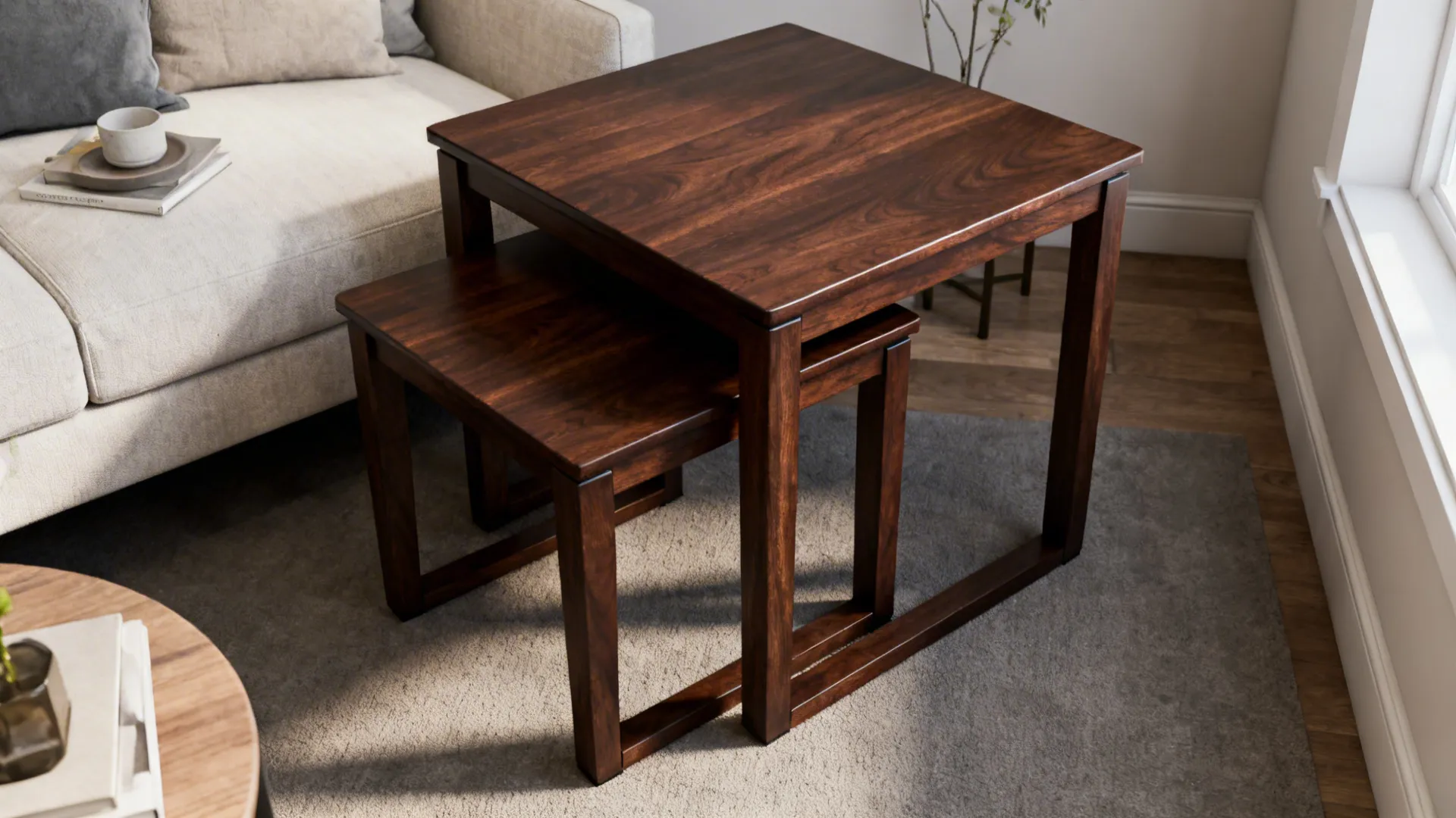 Dark wood nesting tables placed on a grey rug next to a light beige sofa