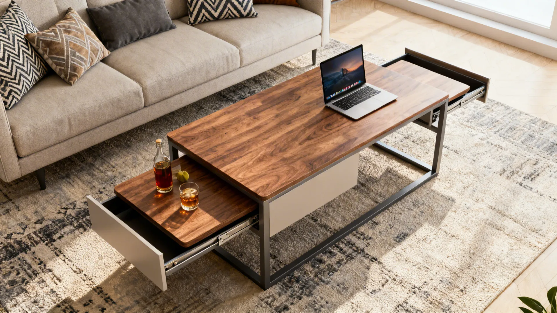 Wooden coffee table with laptop and drinks showing extendable top and open storage drawers inside