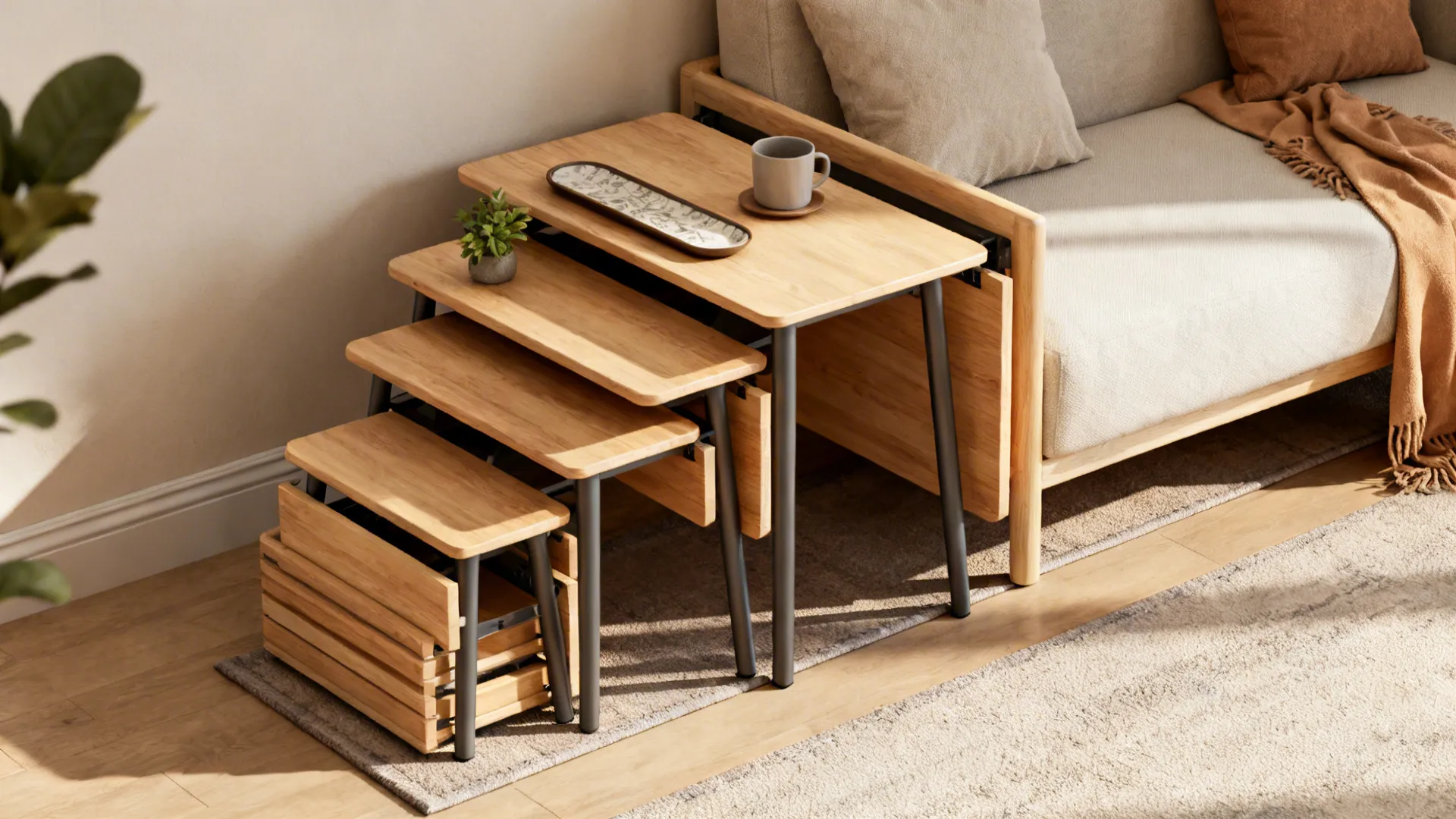 Four nesting wooden side tables of different heights placed next to a light grey sofa