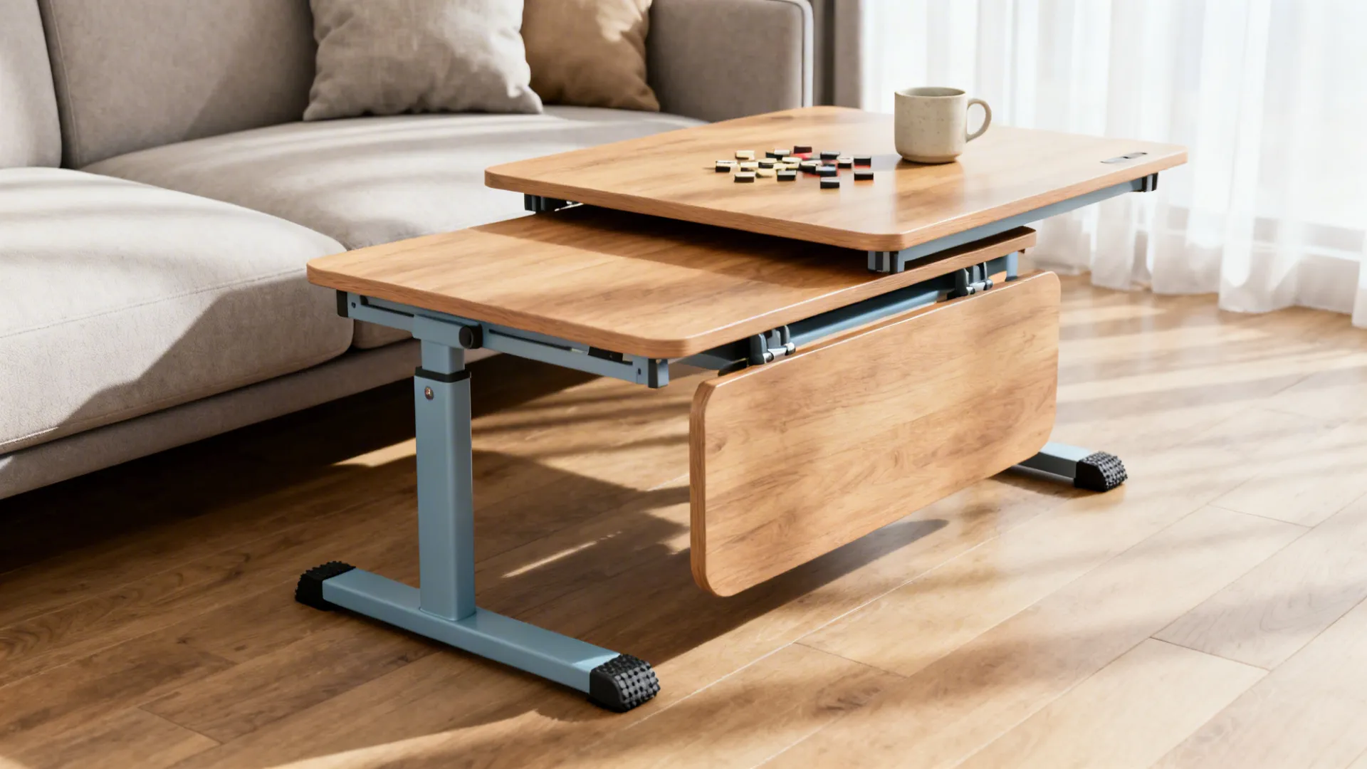 Nesting fold-out tables expanded around a sofa, showing modular use and adjustable leg pads.