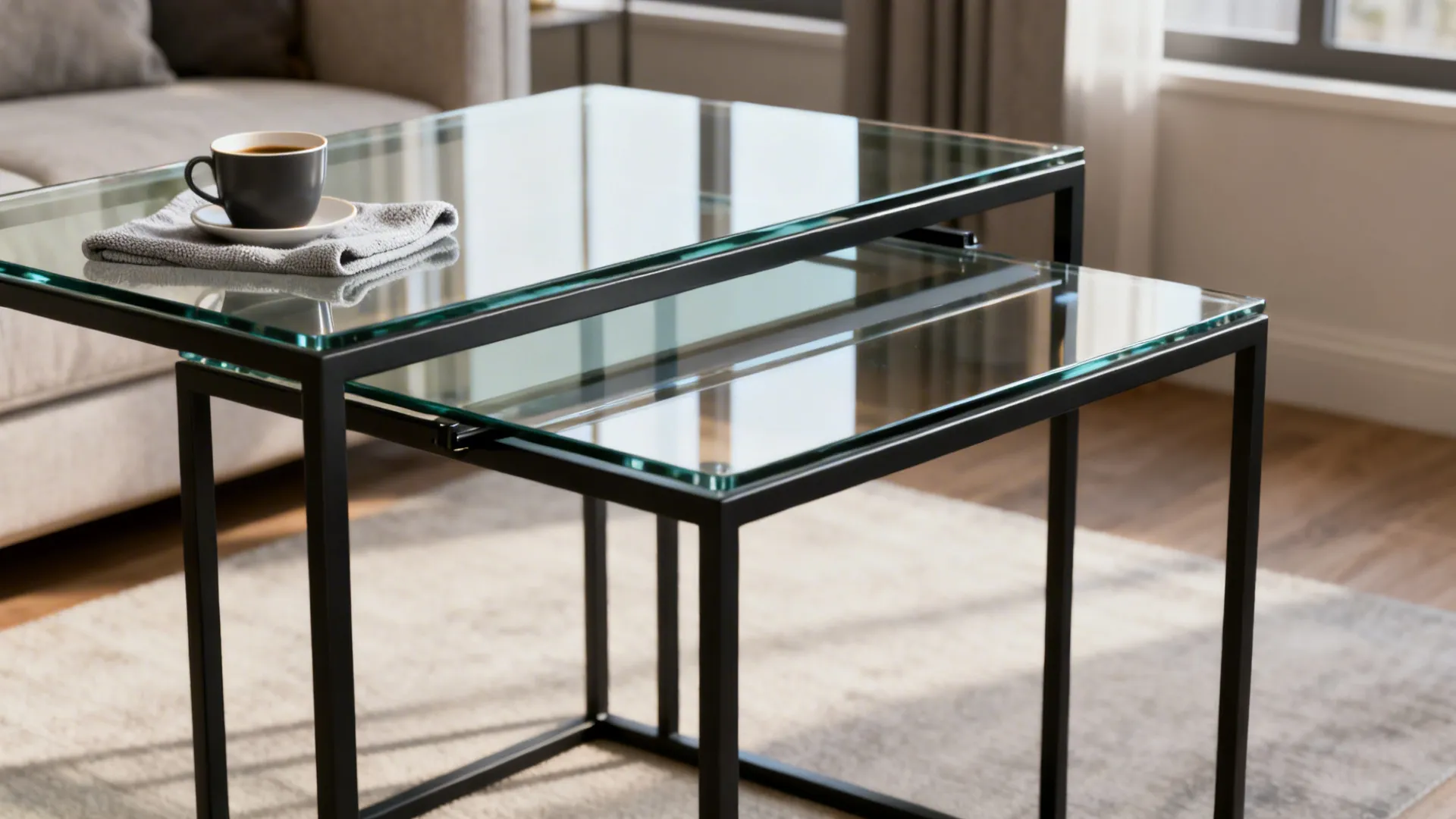 Nesting glass-top tables with slim metal frames in a narrow living room