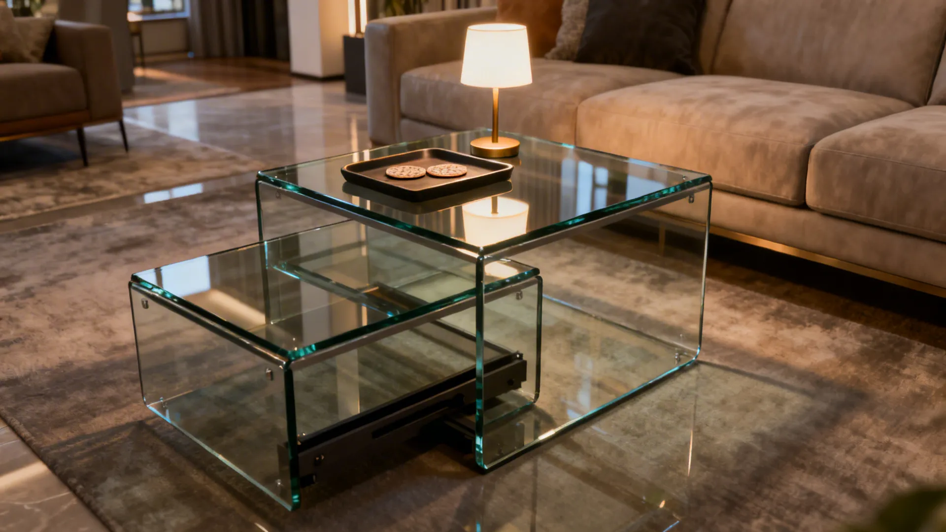 Tempered glass nesting end tables in a living room, one table pulled out and styled with a tray and lamp.