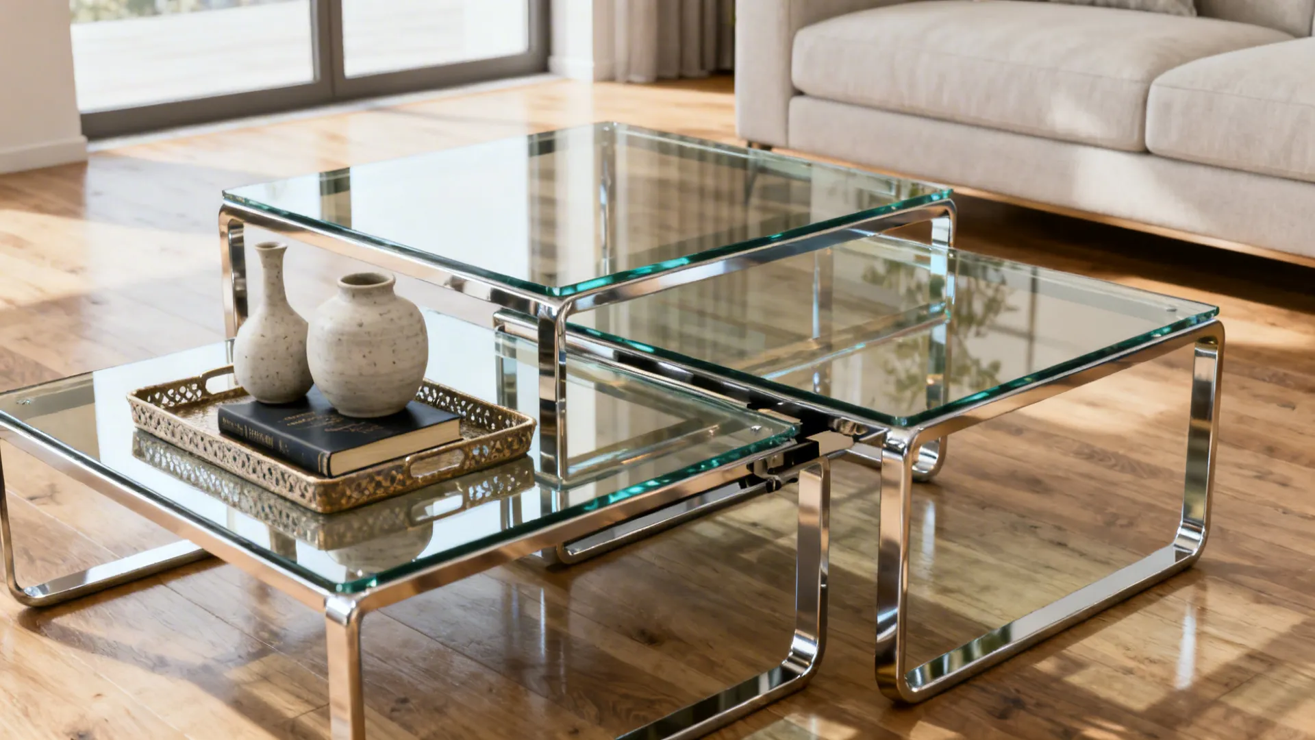 Nesting glass coffee tables in a compact living room, one pulled out for use.