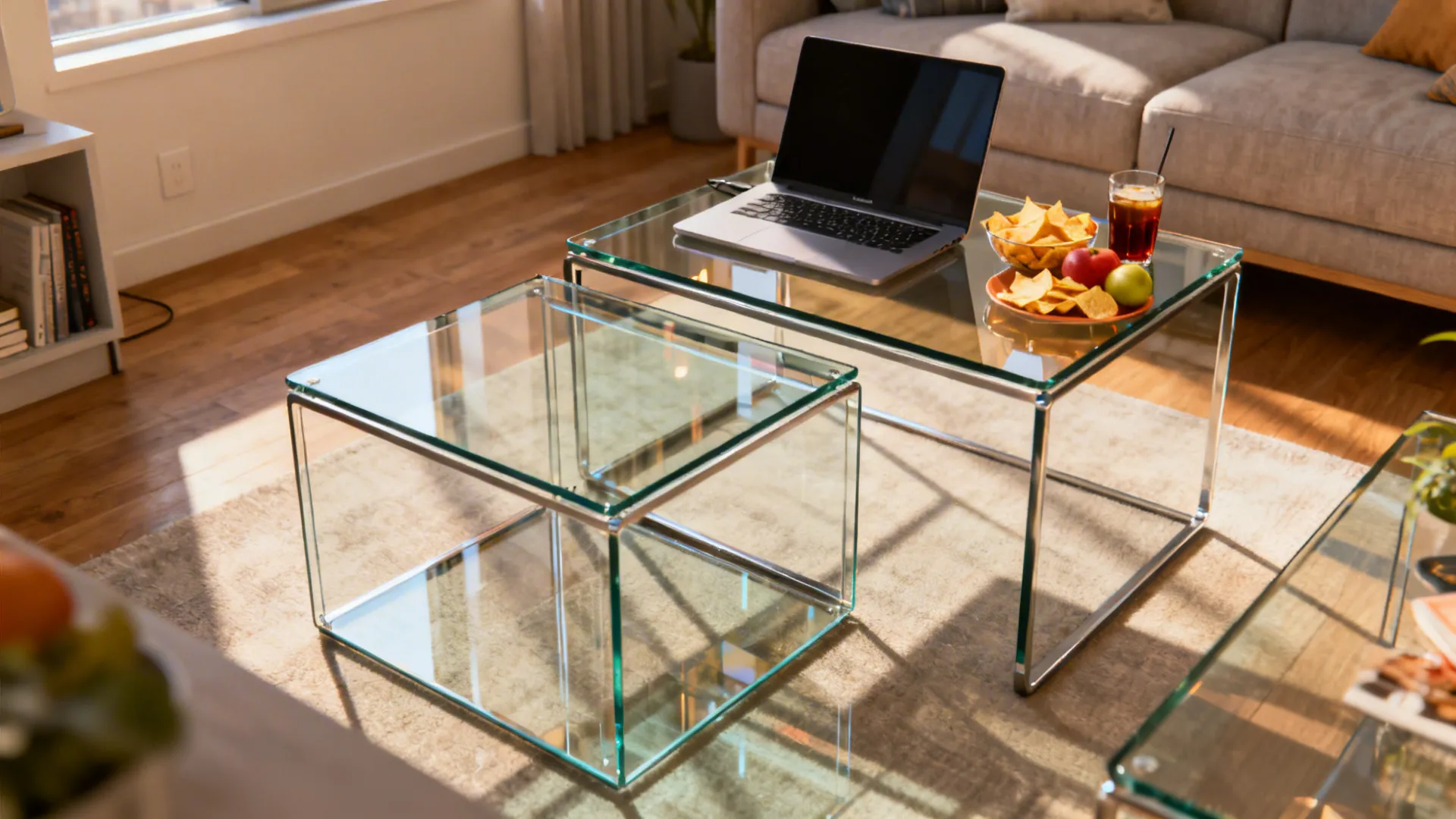 Compact living area with glass nesting tables used separately as laptop station and snack surface.