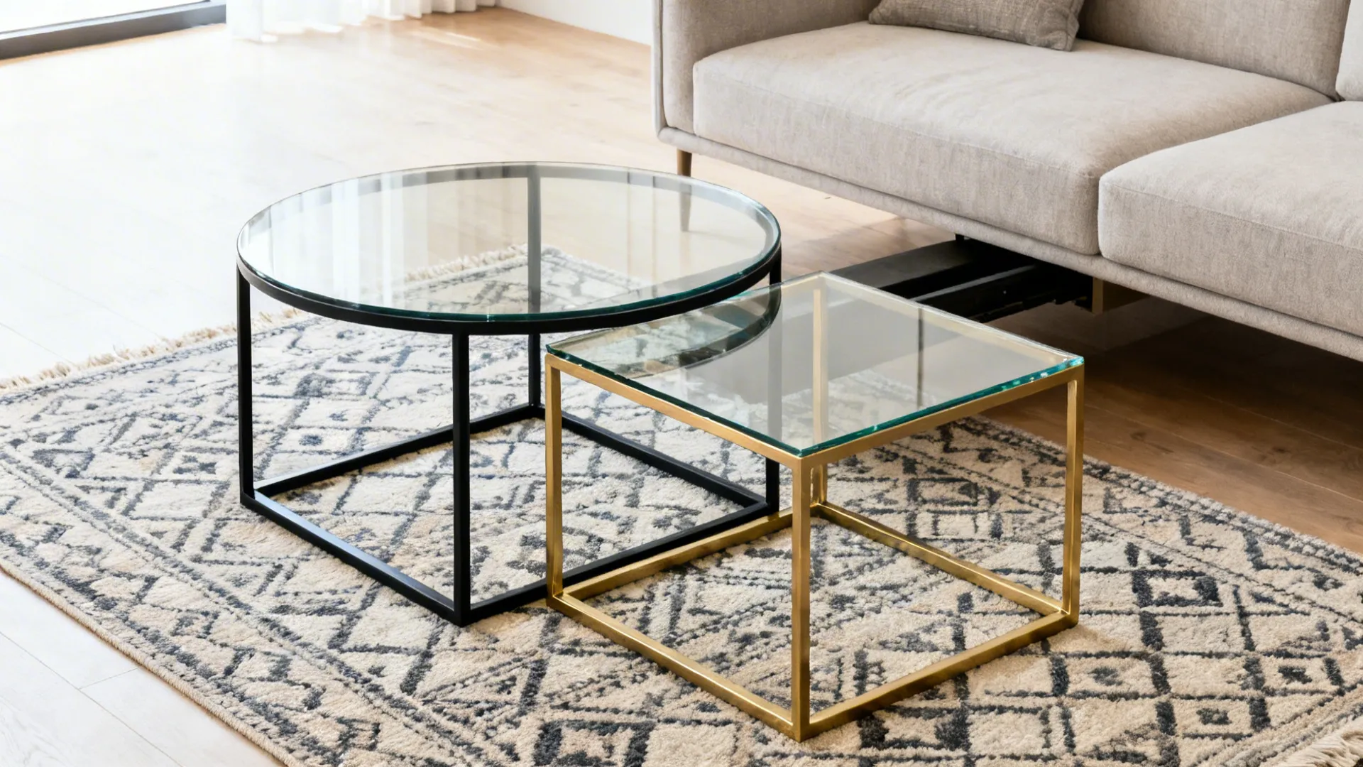 Two-piece nesting glass tables with slim metal frames in a compact living room.