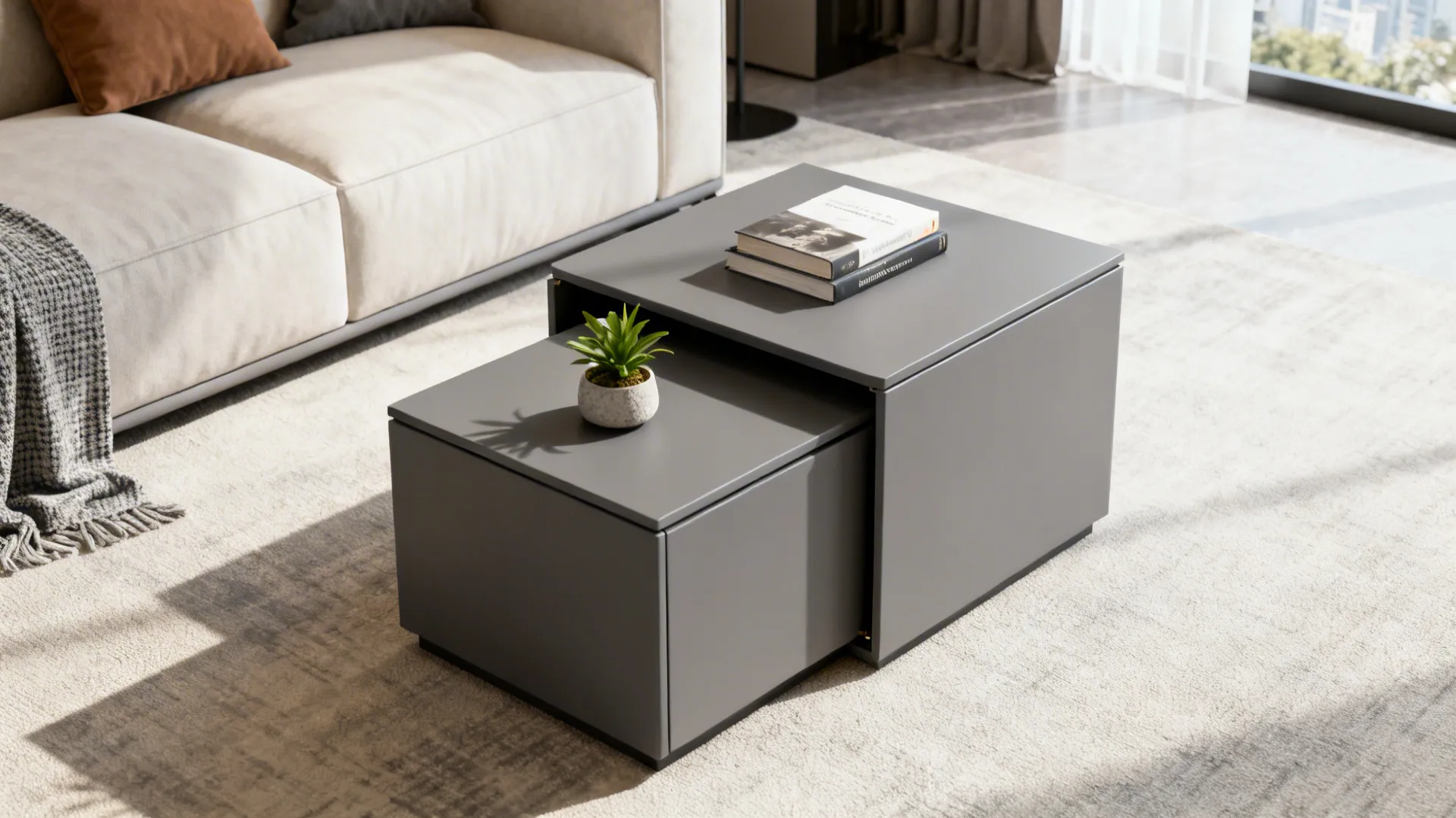 Two nesting grey end tables pulled apart with minimal decor in a bright living room corner.