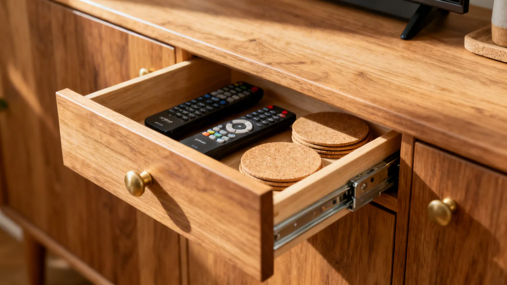 Nesting tables with a shallow hidden drawer open showing remotes and coasters