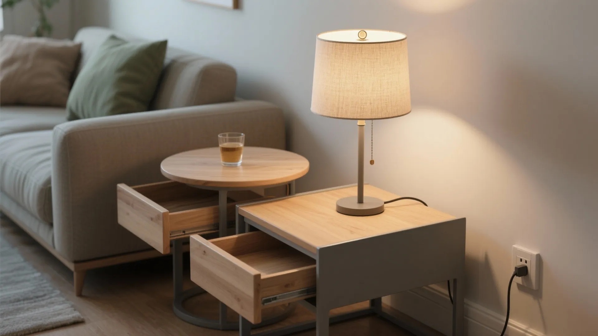 Two wooden side tables with open drawers and a table light next to a sofa