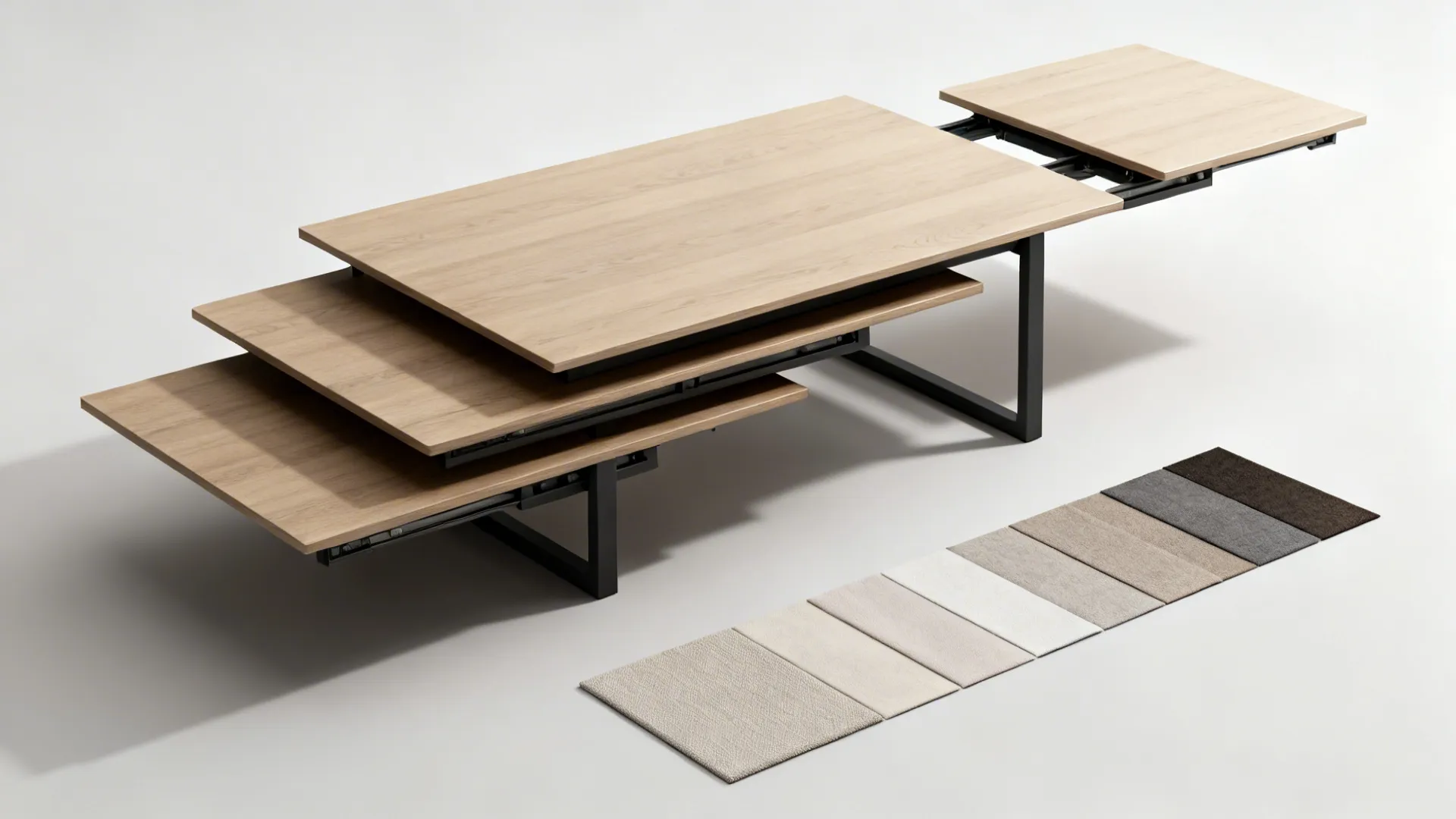 Nesting lift tables shown nested and expanded with material swatches and neutral palette