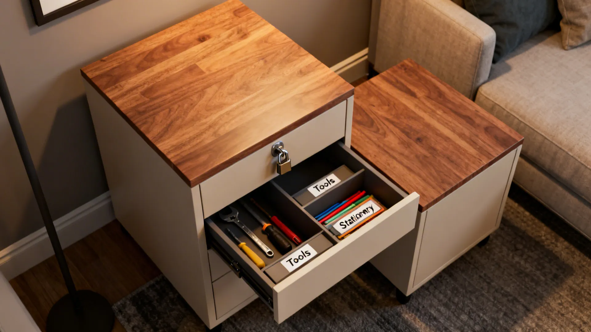 Top-down view of nesting side tables with the larger unit's locking drawer open