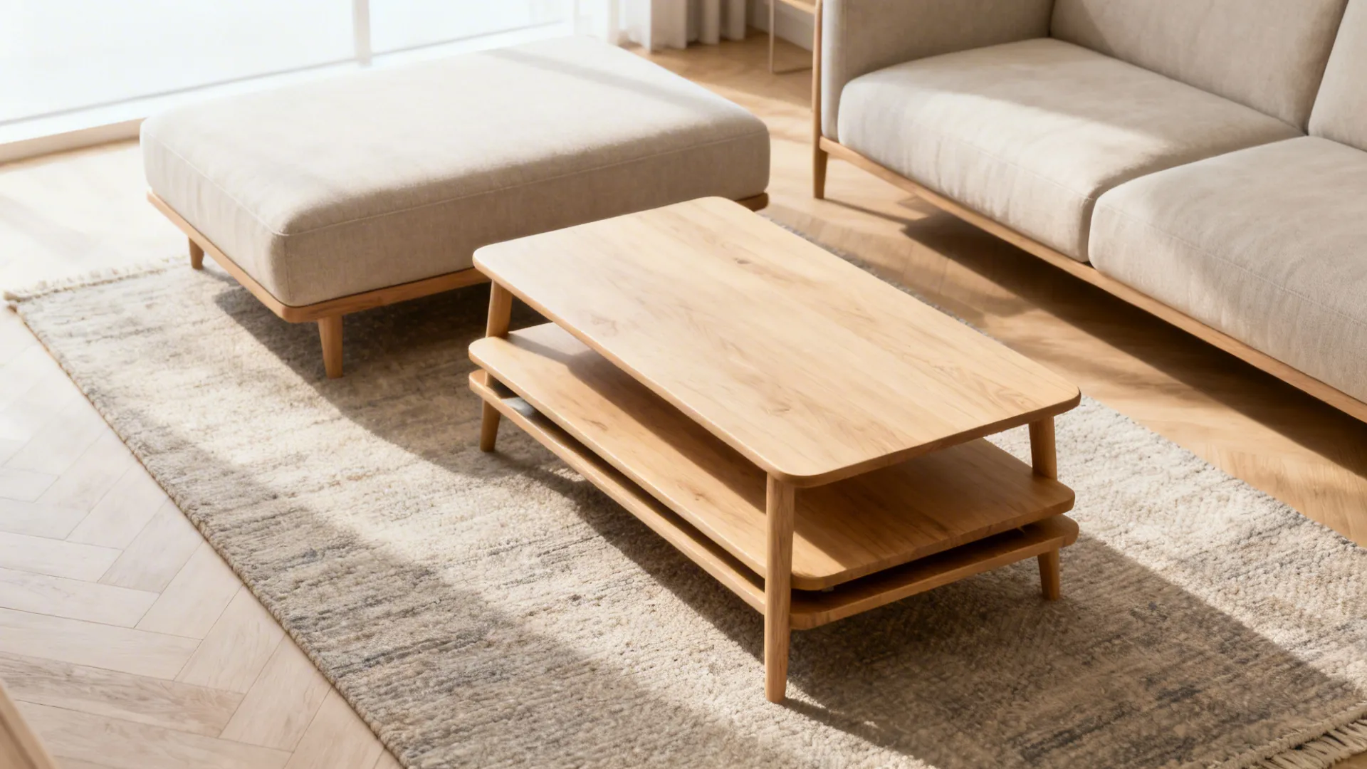 Nesting coffee tables beside a low ottoman in a small living room with light wood tones.