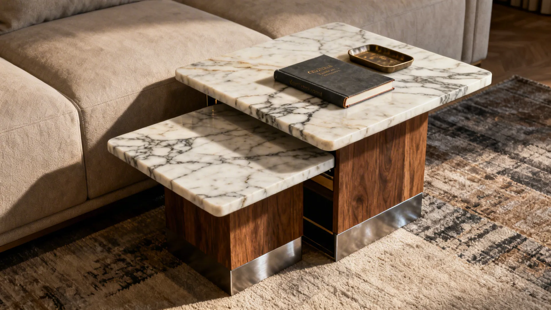 Nesting marble side tables with differing veining beside a sofa, one partially pulled out.