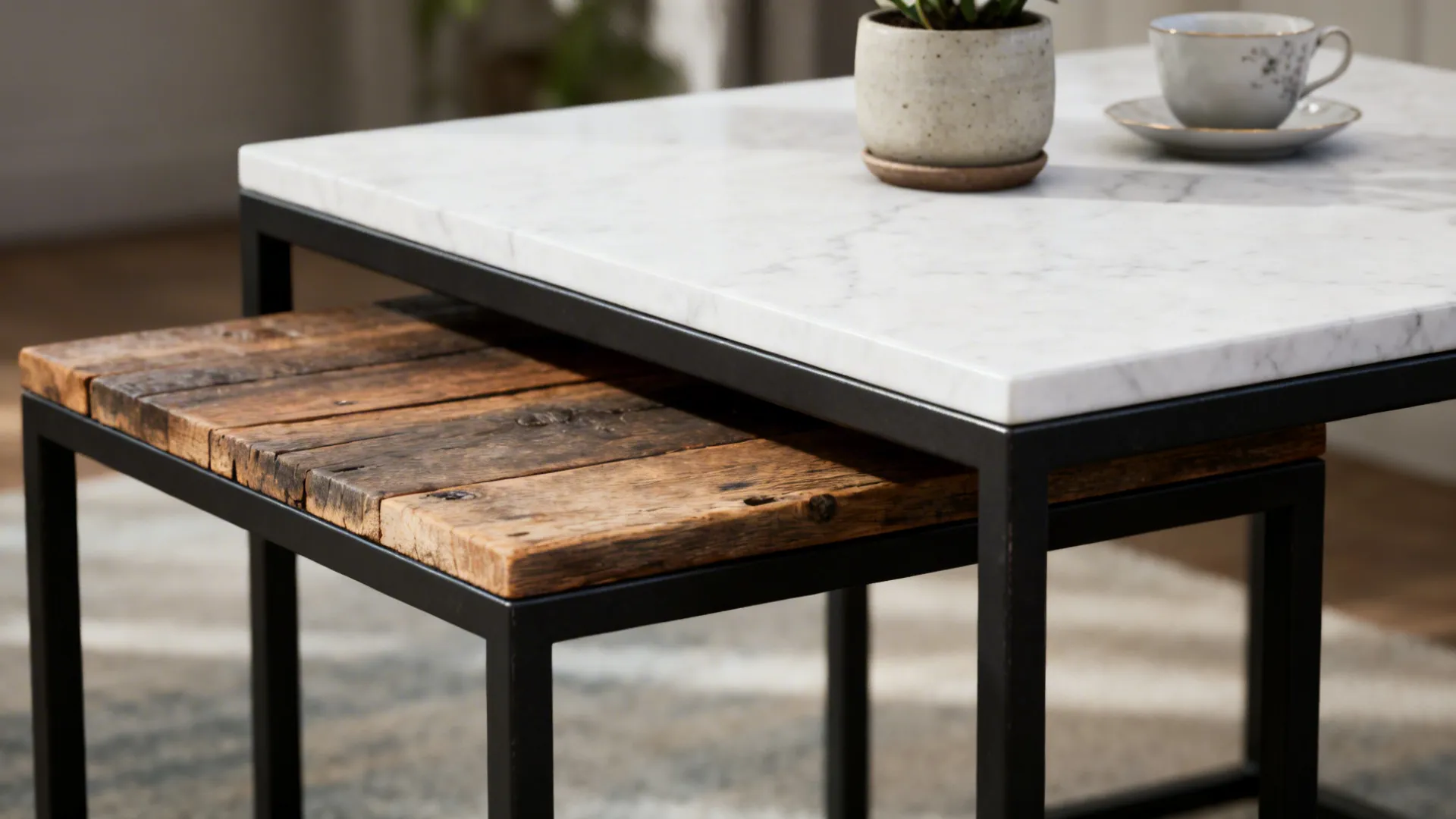 Marble-top nesting table with matte metal base and a reclaimed-wood nested table, styled with a small plant.