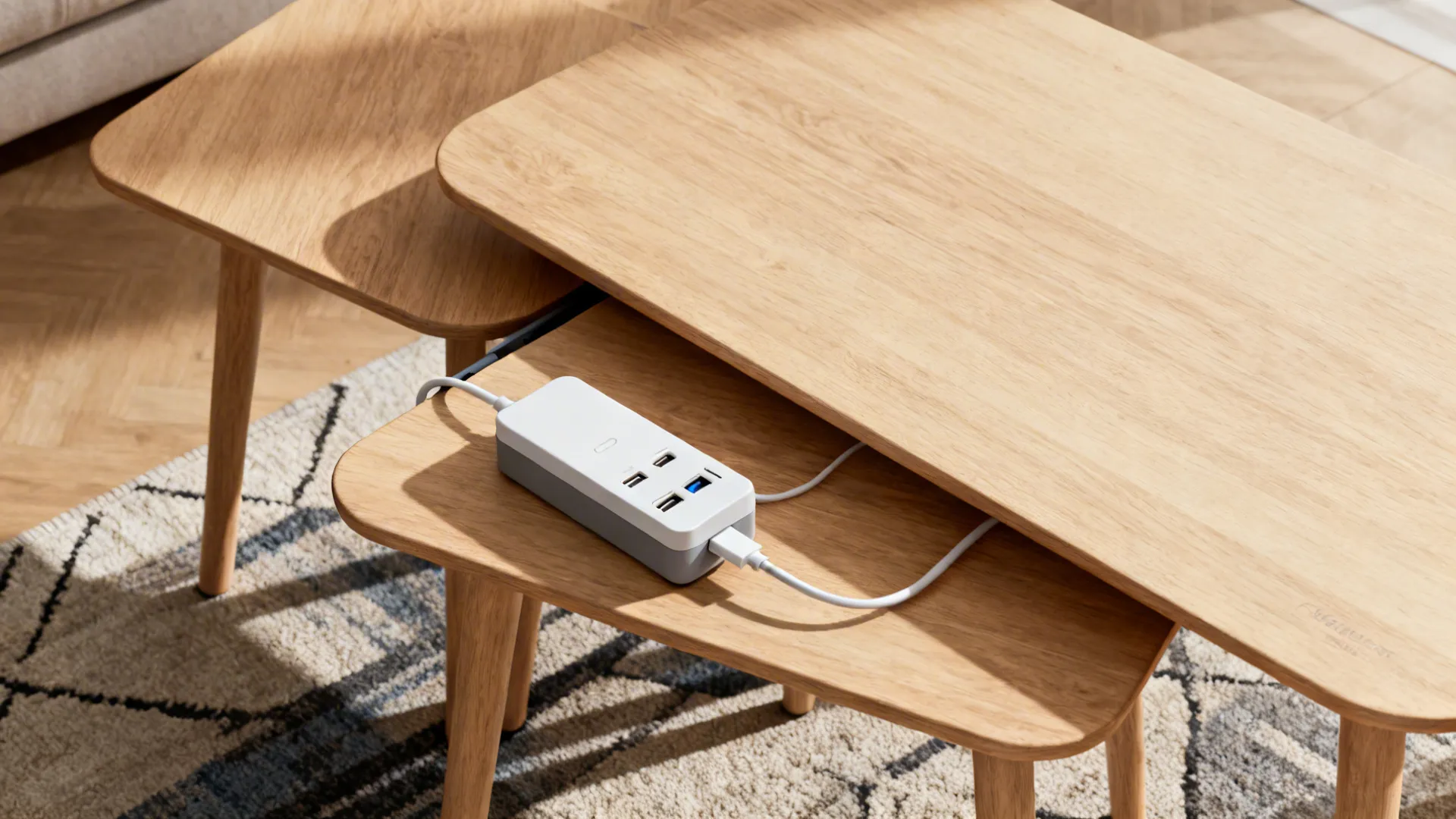 Top-down view of nesting tables with a pulled-out table featuring a modular charger with USB-C ports