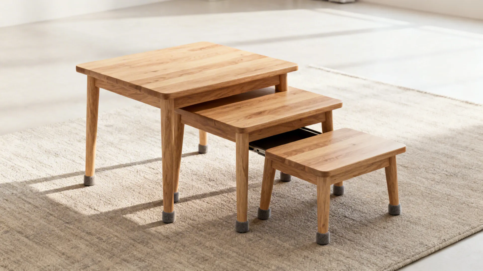Set of three oak nesting tables in a small living room, one table pulled out for extra seating