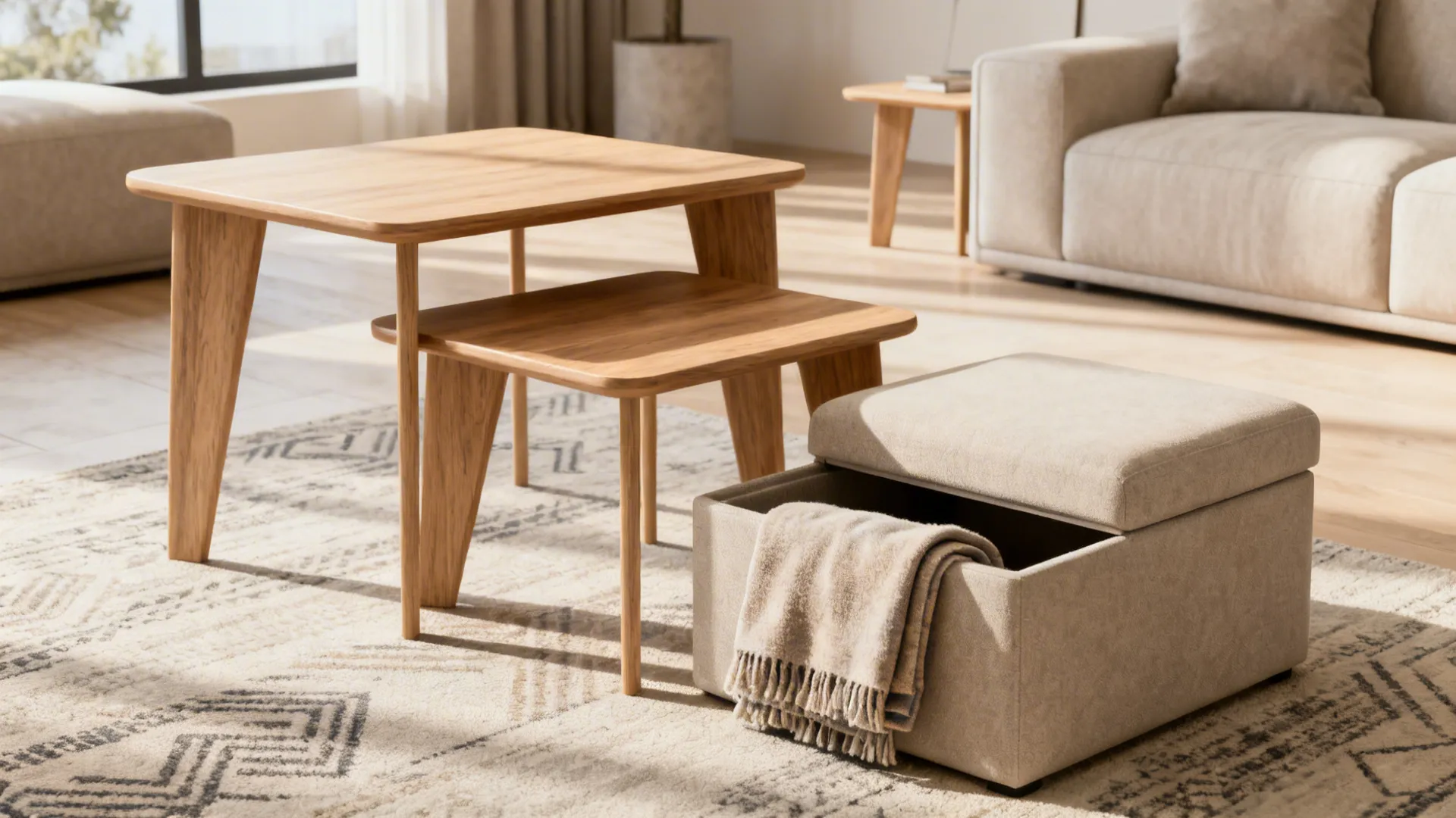 Nesting tables paired with a storage ottoman holding blankets, creating flexible surfaces and hidden storage.