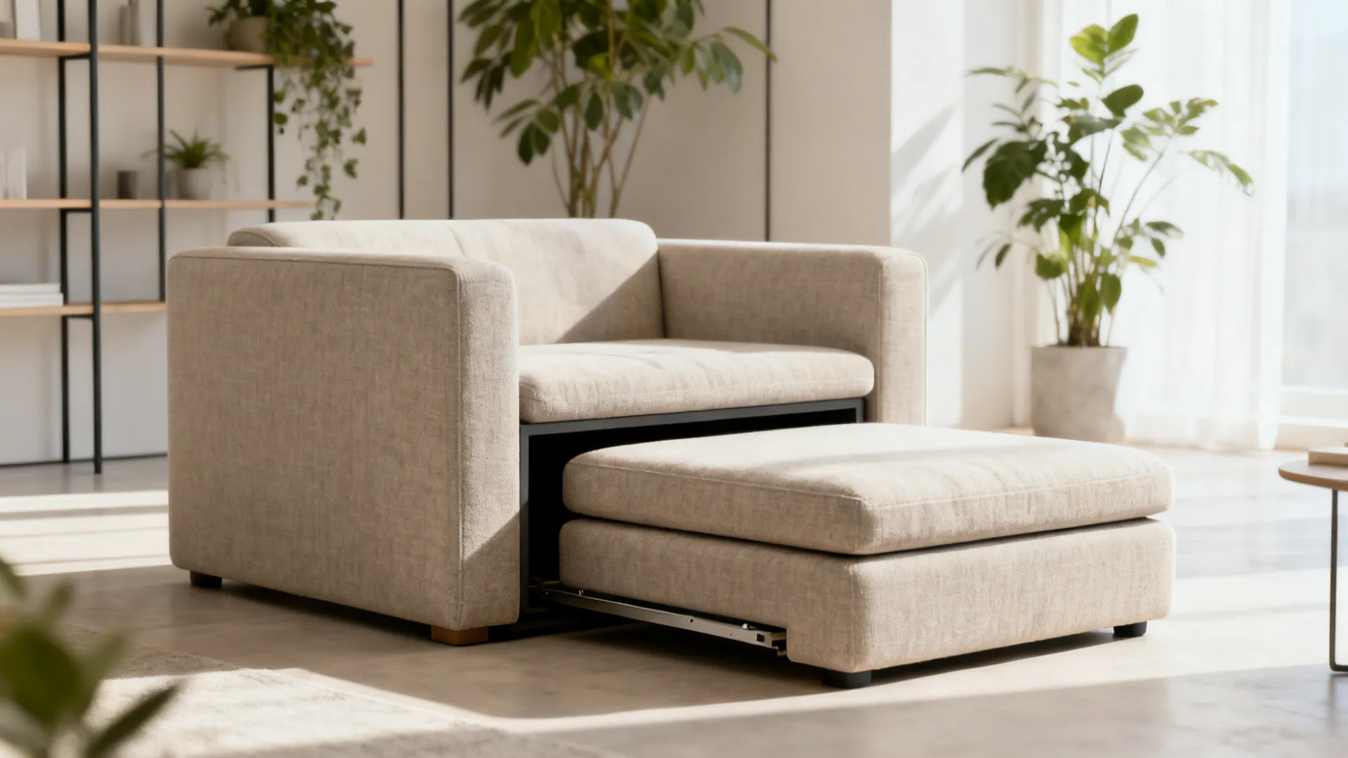 Nesting ottomans in a small living area with one pulled out for extra seating.