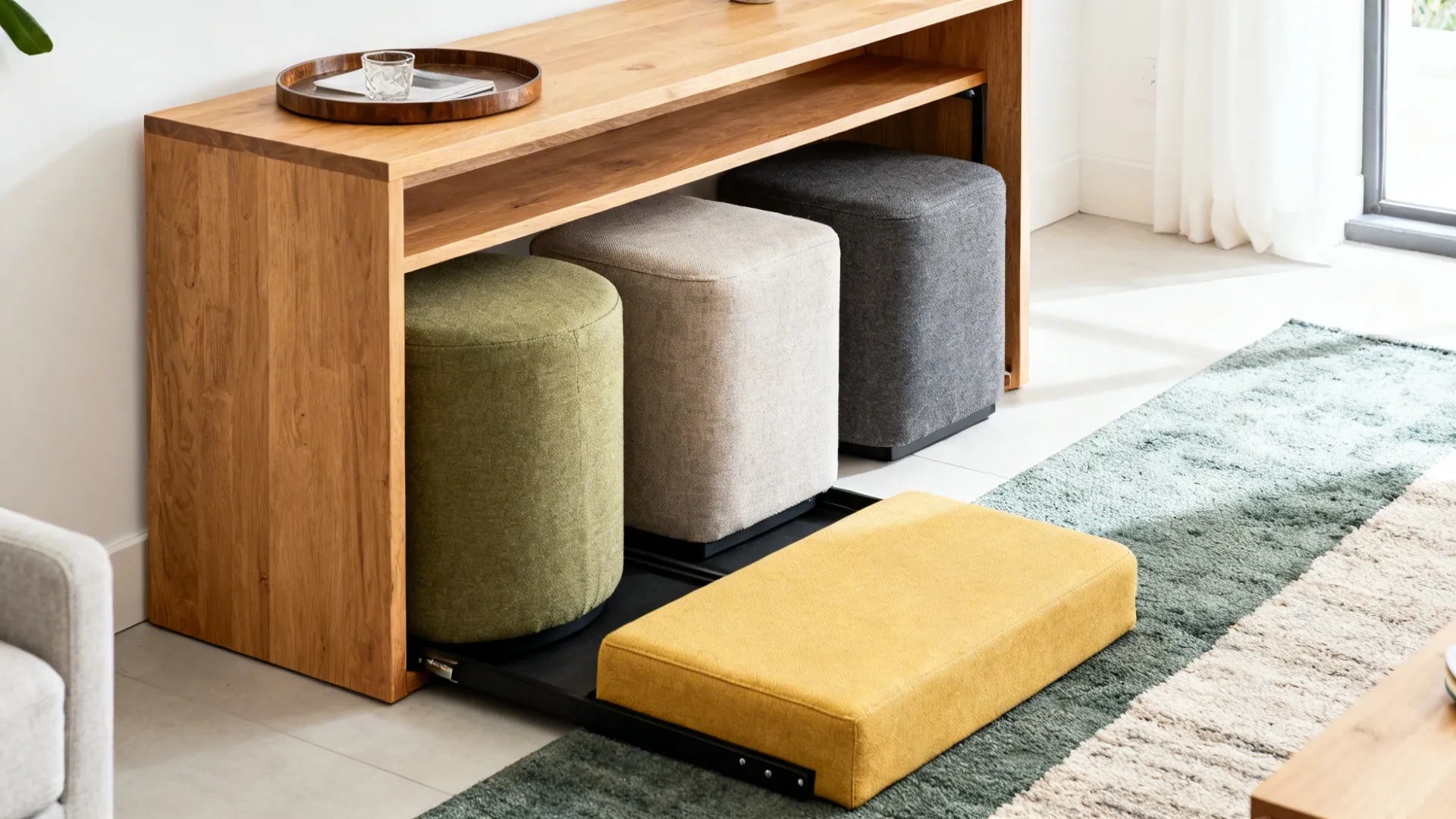 Three nesting ottomans tucked under a console and pulled out for extra seating in a compact living room
