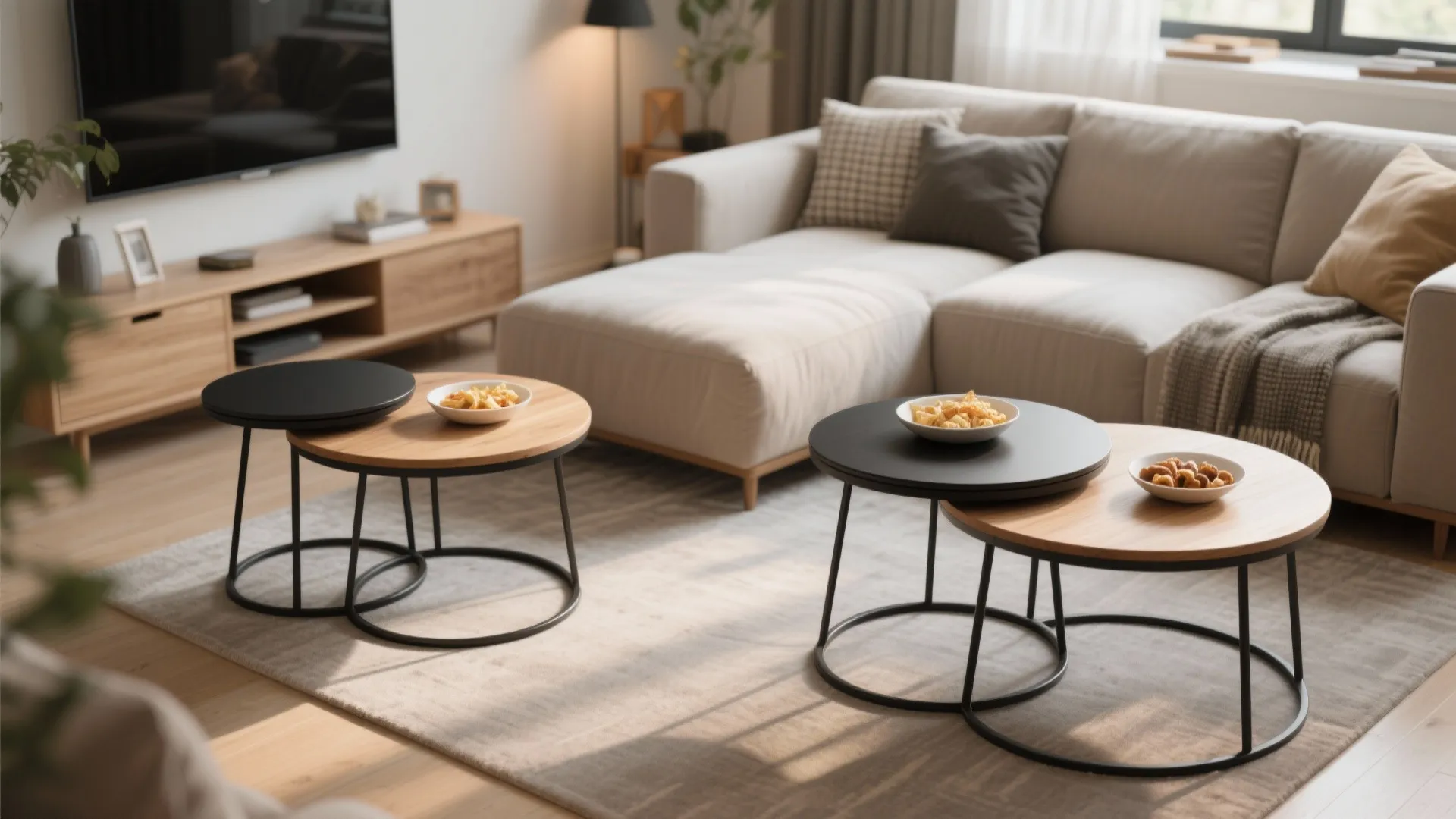Nesting small round side tables for flexible zones