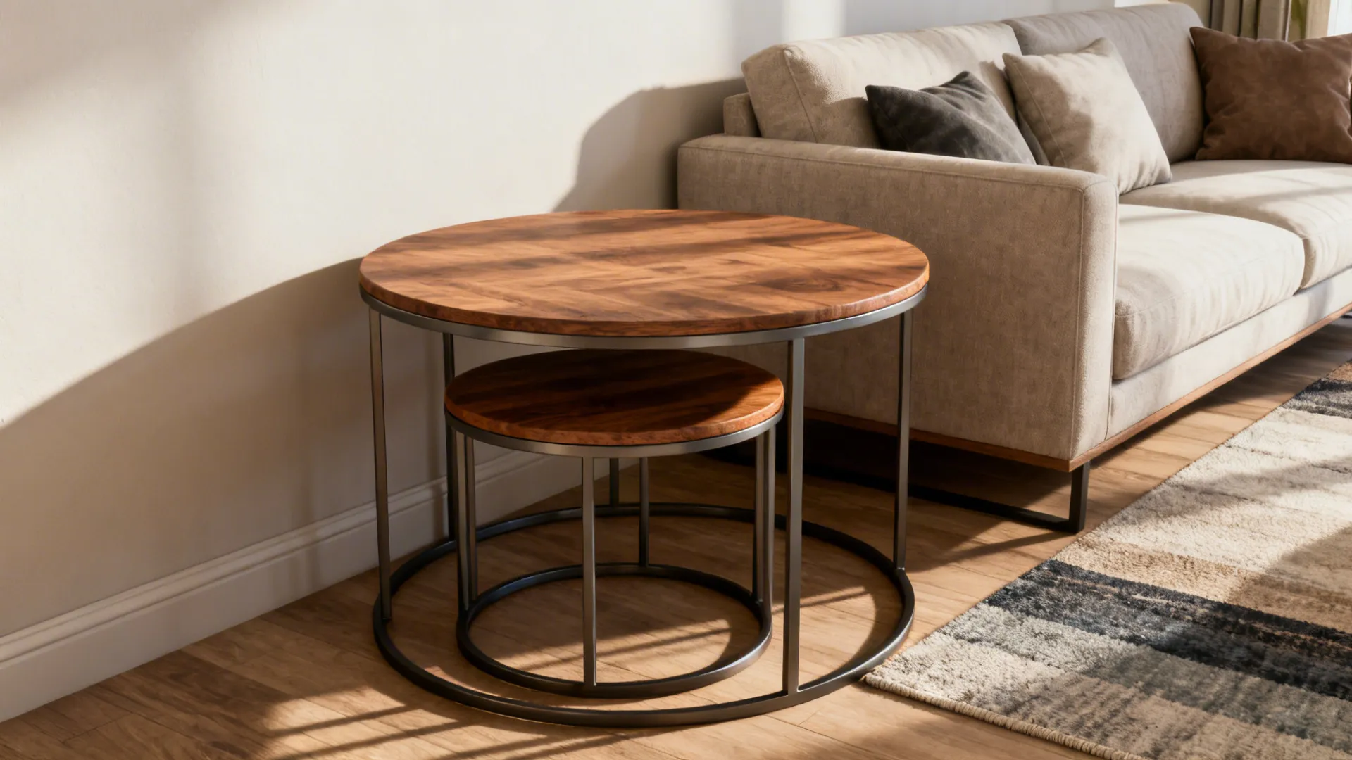 Nesting round tables with matching finishes in a small living room, one slid under the other to save space