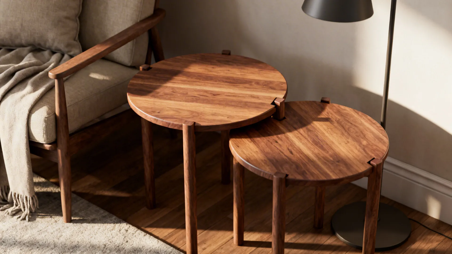 Two wooden nesting round tables, one slightly pulled out next to an armchair in a cozy corner