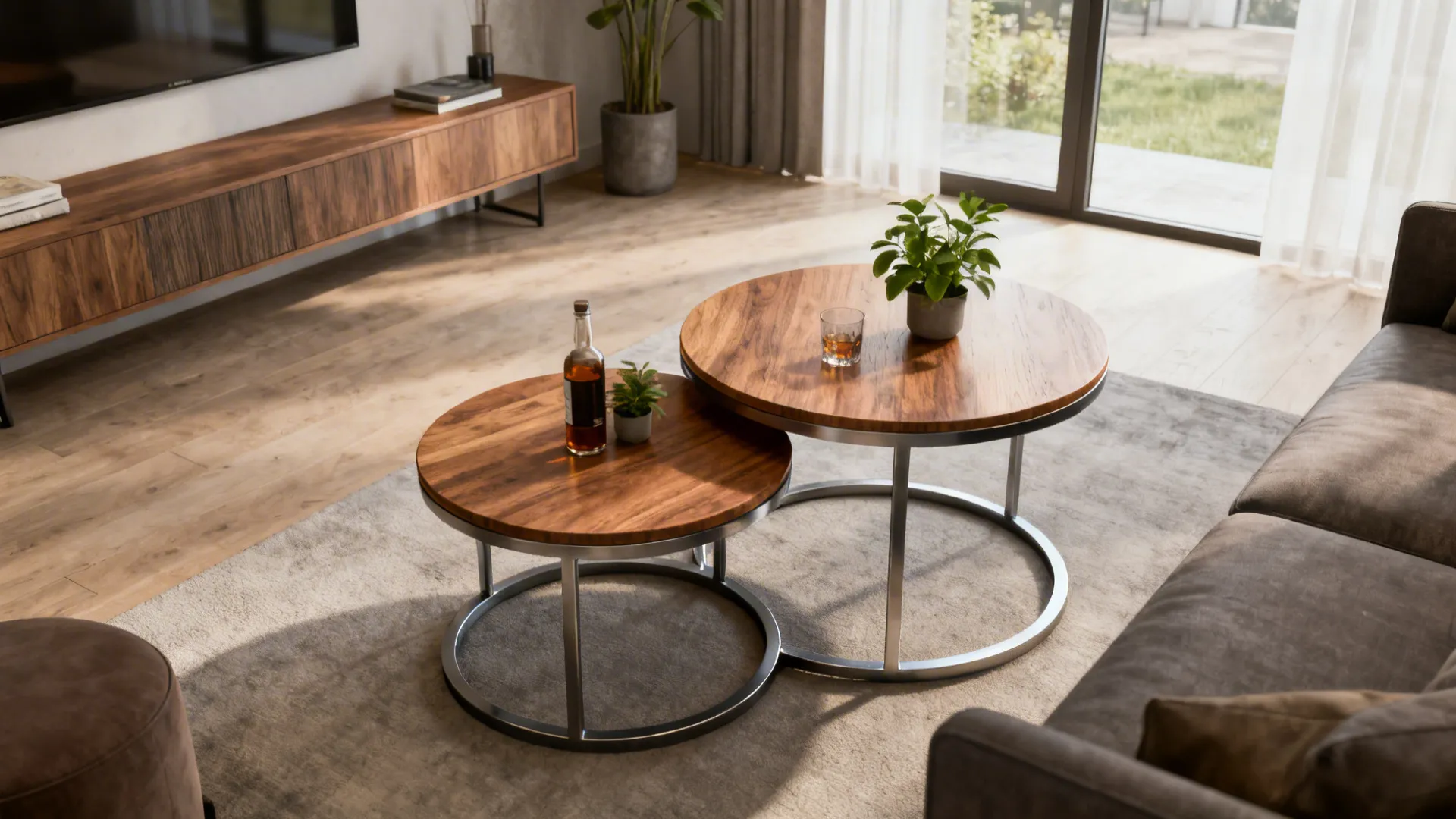 Three nesting round tables, shown stacked and partially separated, in a small living room.