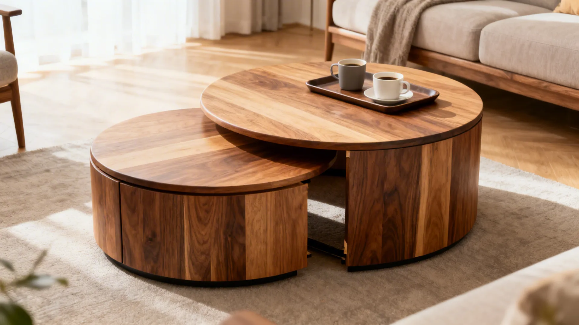 Nesting round tables in a living room, one pulled out for drinks and one tucked in for space-saving.