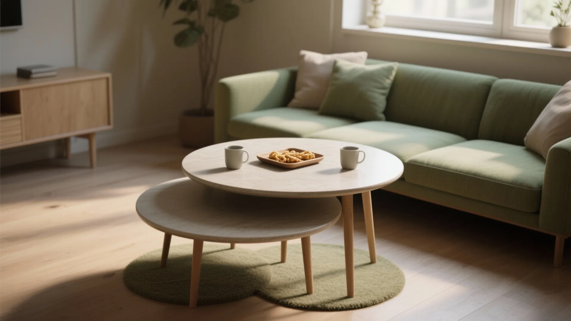 Nested round coffee tables in a small living room showing flexible layout and two-height configuration.