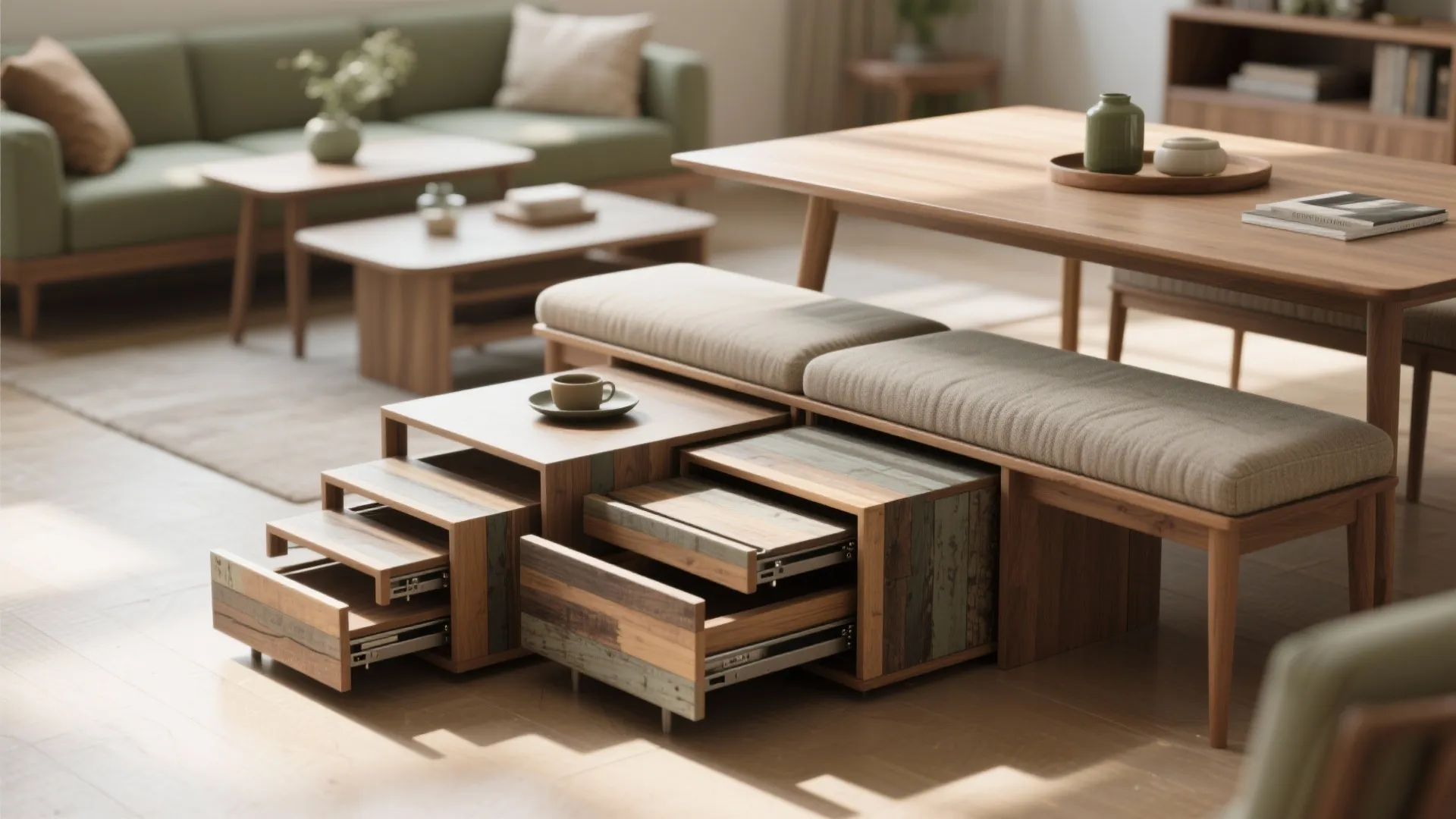 Wooden coffee tables with pull out storage drawers placed near a green sofa and table