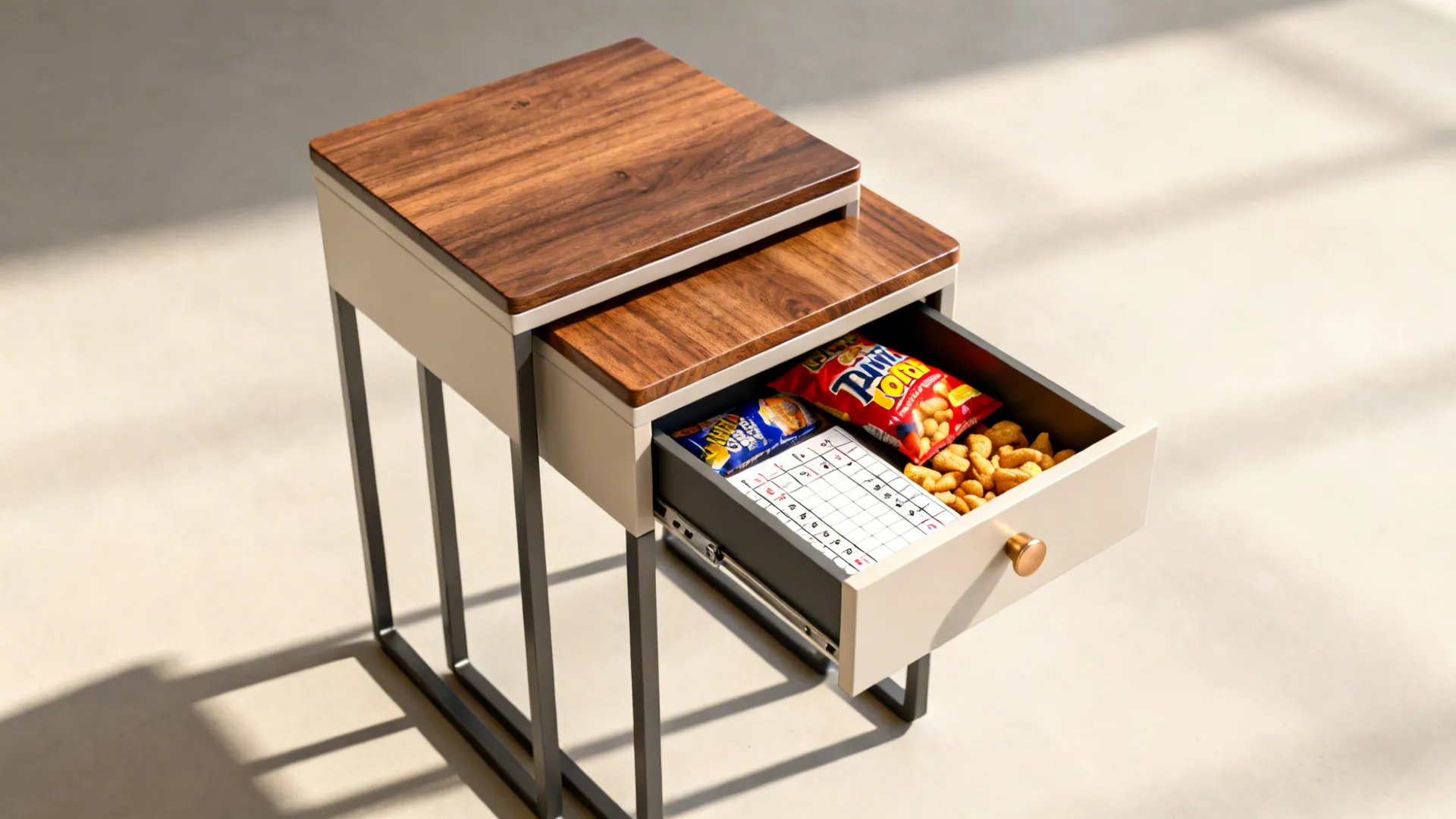 Nesting side tables with single drawers, one extended and one nested, holding snacks and score sheets