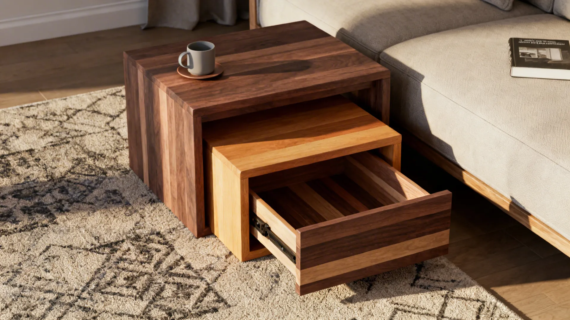 Two wooden nesting side tables on a rug next to a sofa with one open drawer