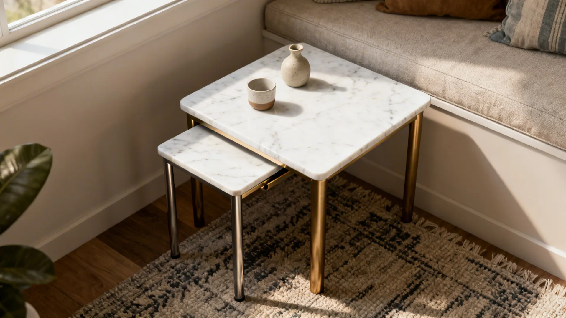 Nesting side tables with a white marble top and matte brass legs in a small living area.