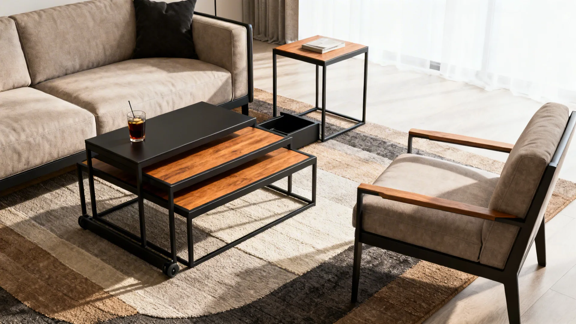 Nesting tables and side tables around seating providing flexible surfaces.