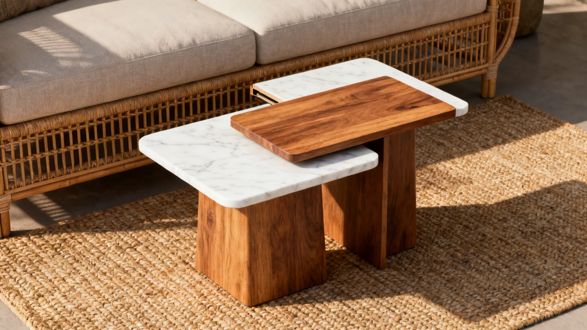Marble and wood nesting side tables staged next to a rattan sofa