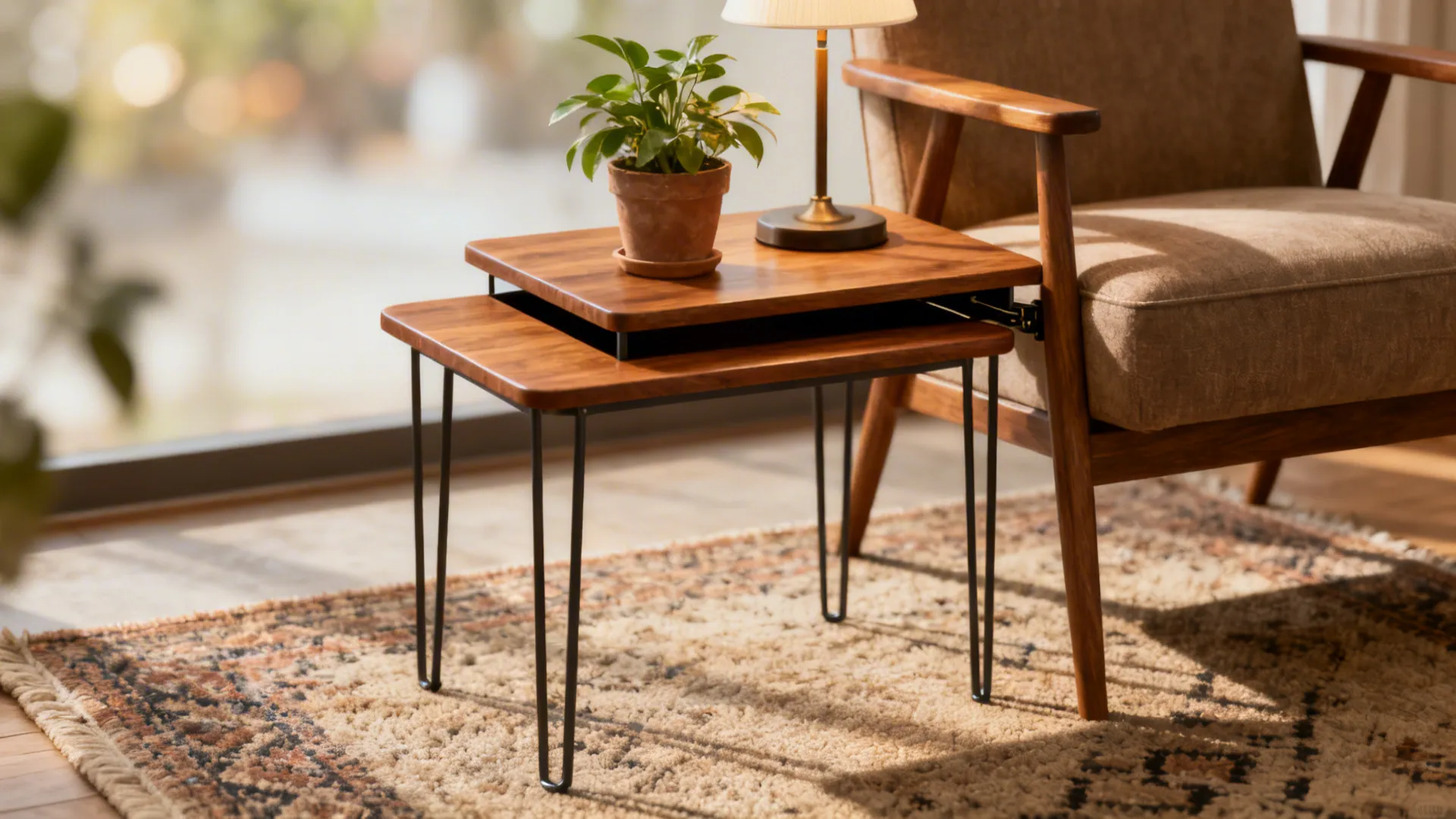 Wooden nesting side tables with metal legs holding a small plant and lamp beside a chair
