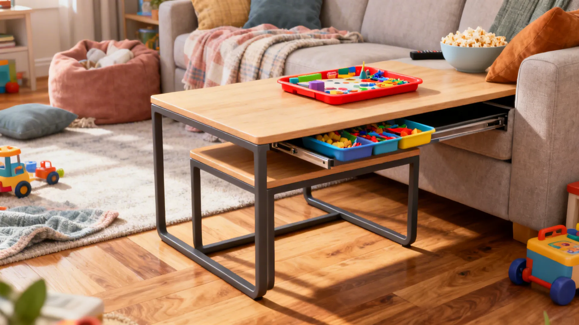Nesting slim square side tables with one slid under the other beside a sofa