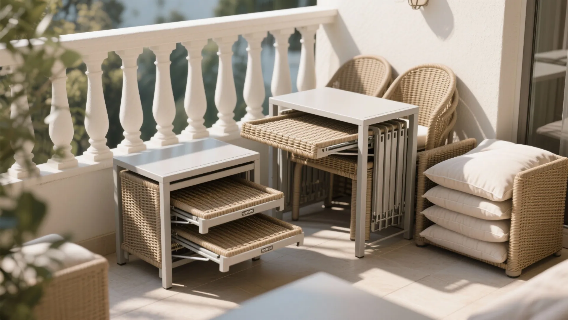 Nesting tables and stackable chairs in rattan-look resin on a balcony for flexible entertaining.