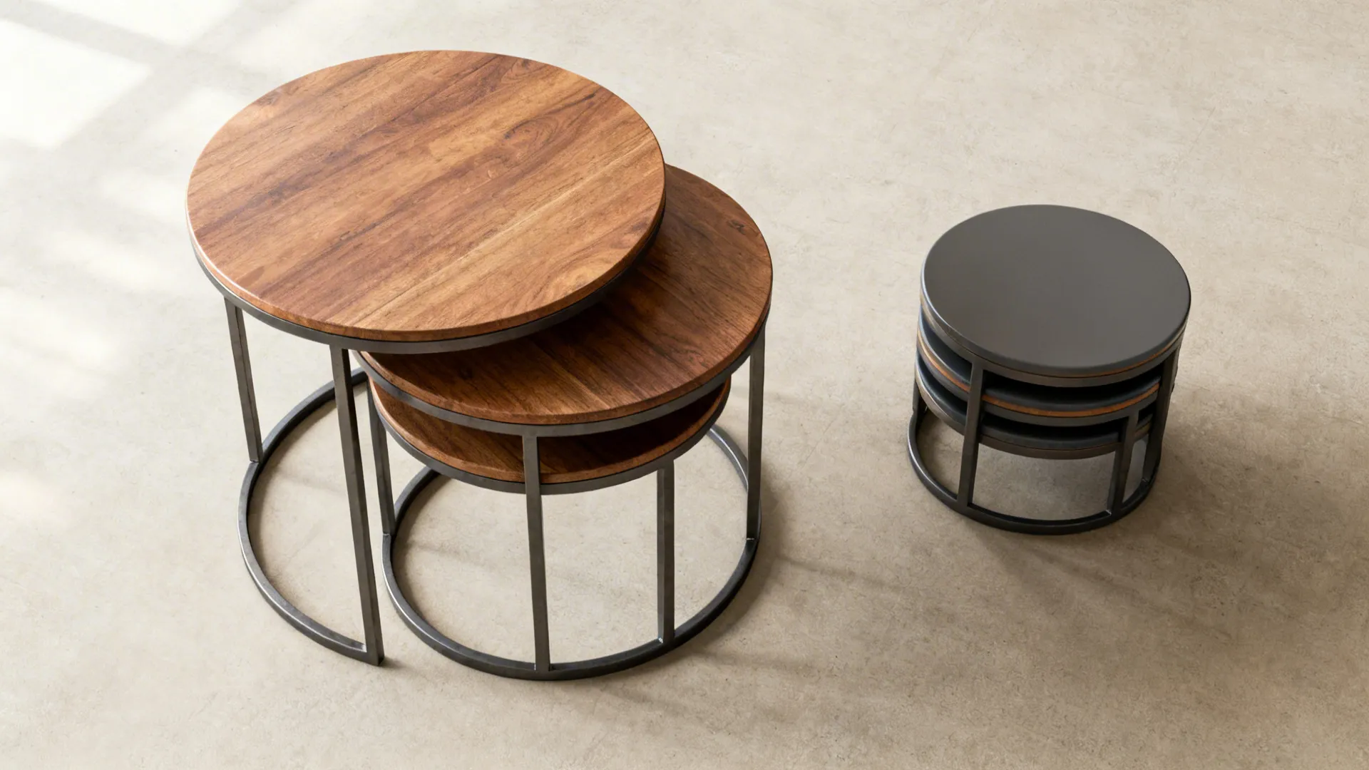 Top-down view of nesting tables and stackable stools showing compact storage.