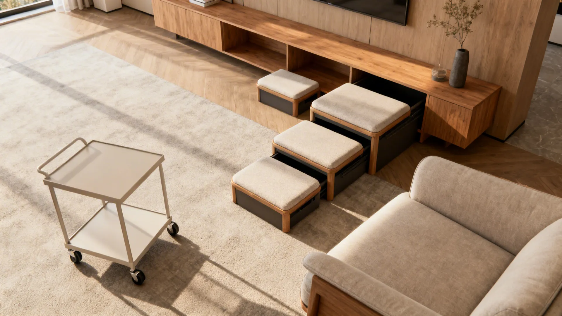 Nesting stools and a wheeled side table offering flexible surfaces in a small living room.