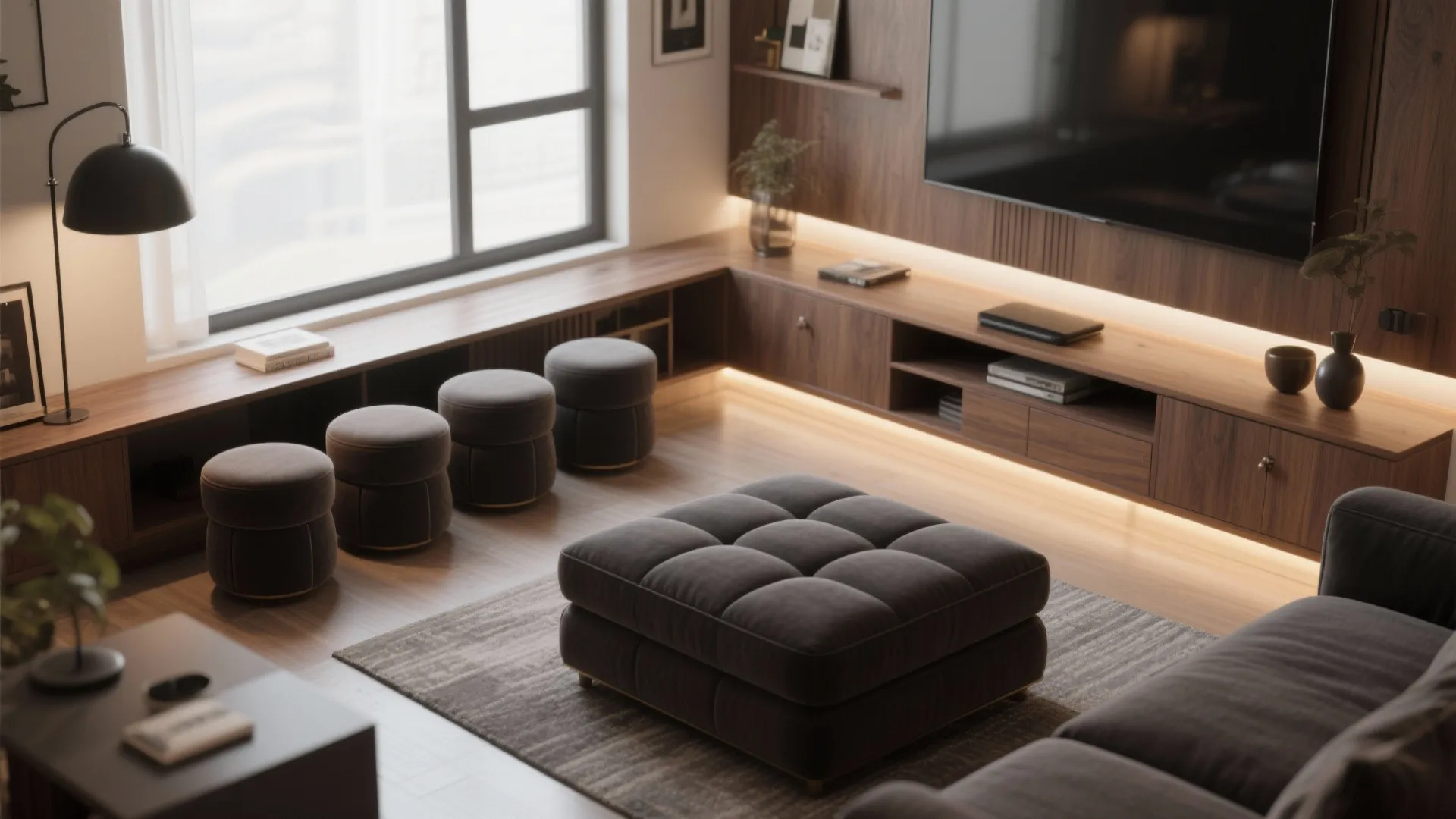 Compact theater room with nesting stools under a console and a storage ottoman as a coffee table.