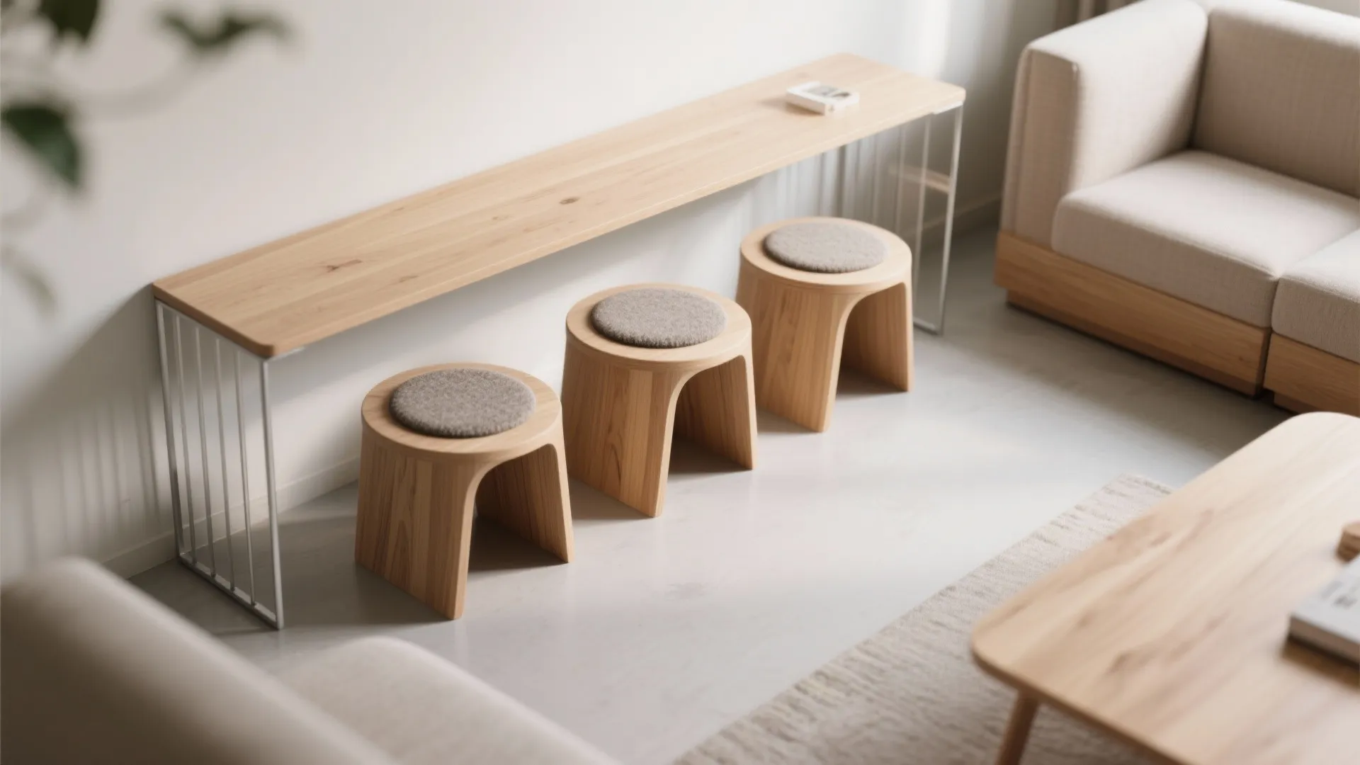 Three wooden stools with grey cushions placed under a long narrow table in living room